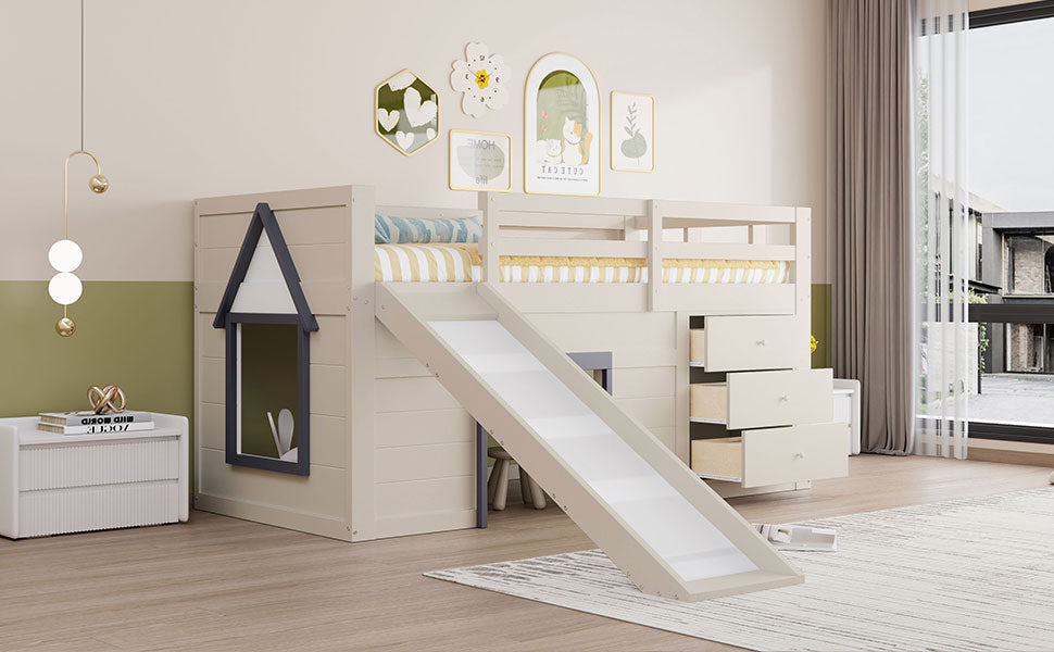 Loft Bed, 90 x 200 with Slide, 3 Drawers & 2 Doors, Cream