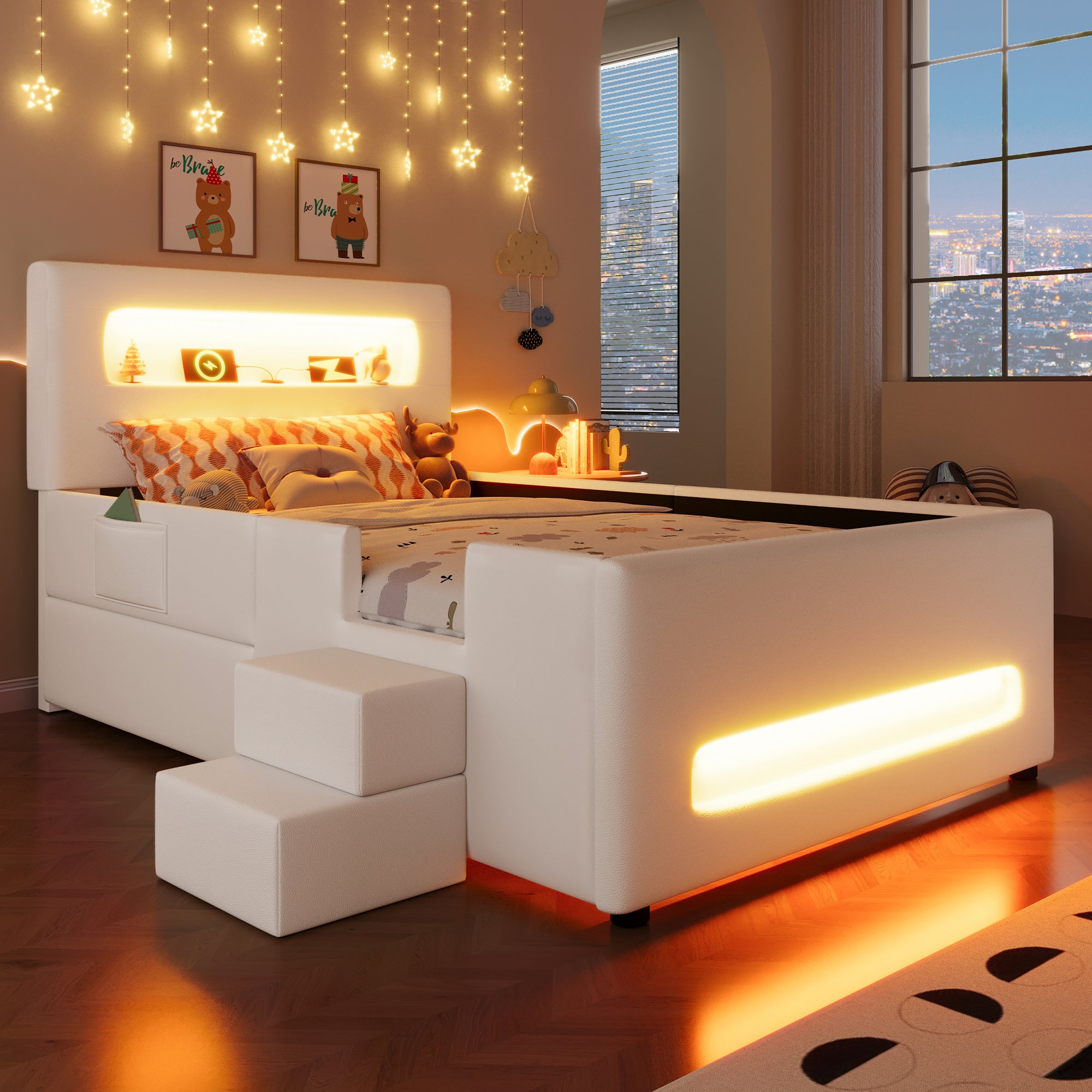 Upholstered Platform Bed 90x200cm Stairs Drawers LED USB Storage Pockets - White