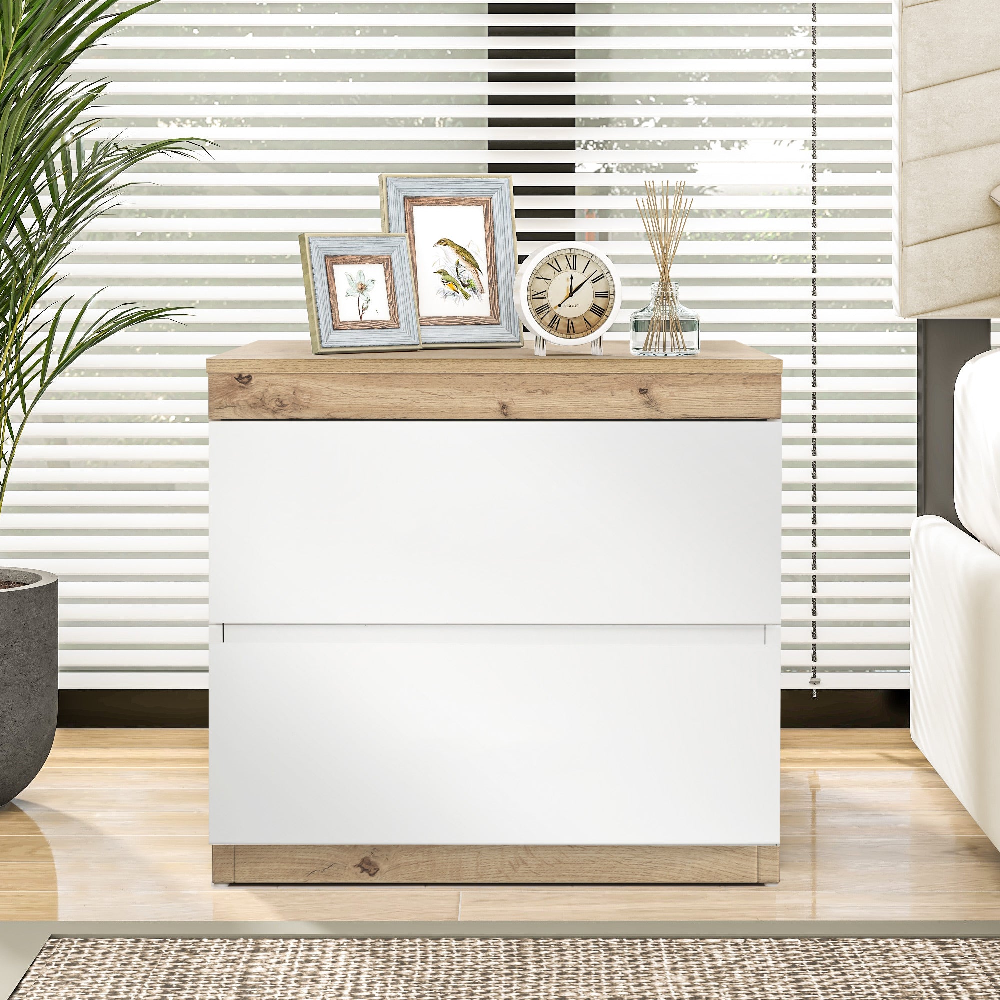 Nightstand 2 Drawers Storage - White/Oak E1 Chipboard