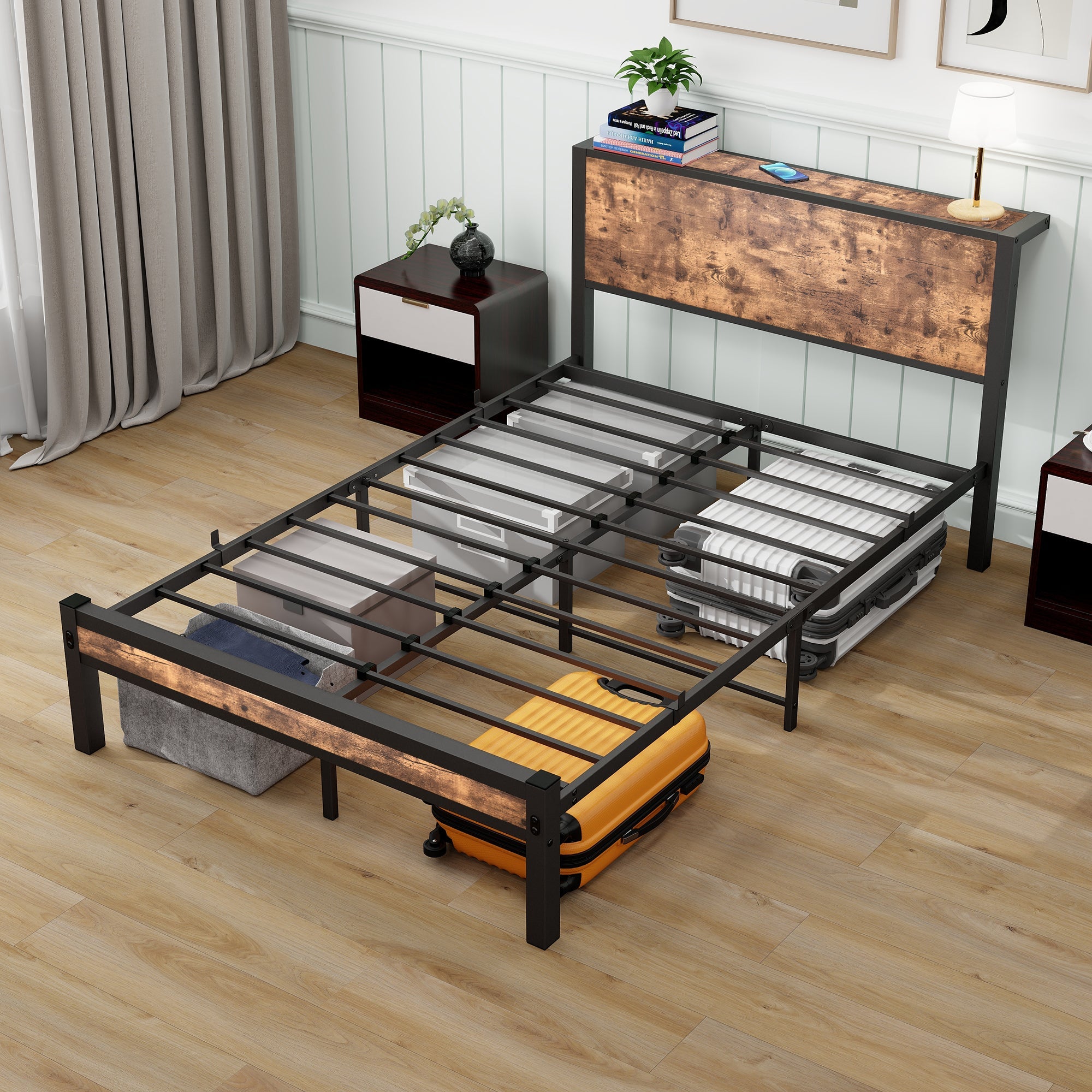 Metal Platform Bed Frame with Storage Headboard, Noise-Free, Vintage Brown