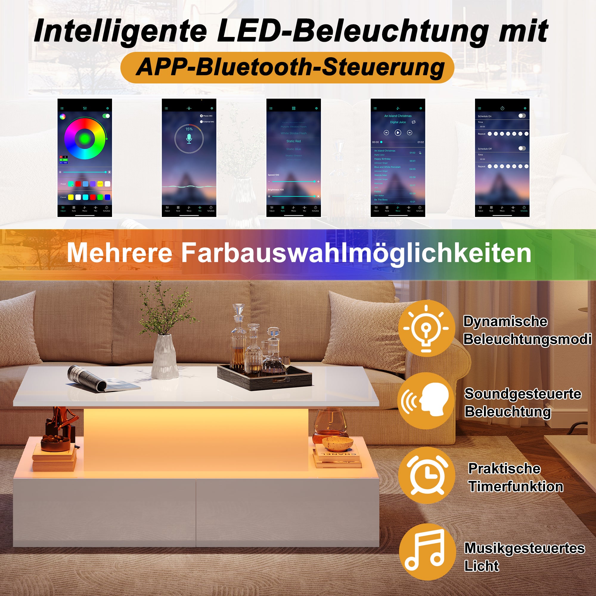 Coffee Table with LED Lighting and 4 Drawers, 90x55x41 cm, White High-Gloss