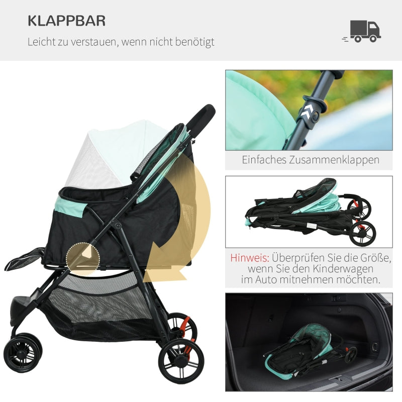 Pet Stroller, Foldable with Rain Cover & 2 Cup Holders, Blue + Green