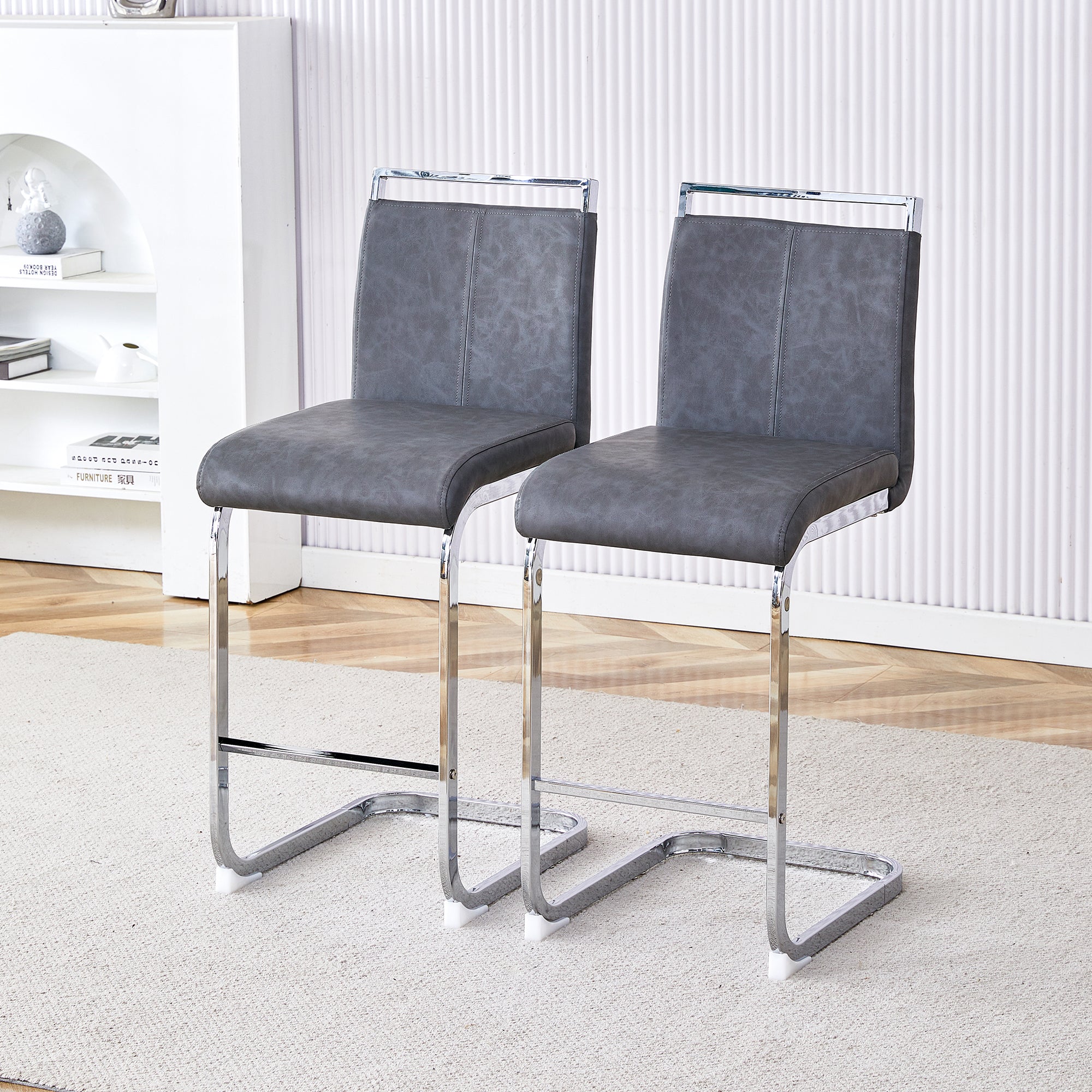 Bar Stools, High-Quality Nordic Style Set of 2, Grey PU