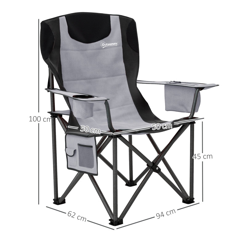 Set of 2 Folding Camping Chairs, Padded Adjustable Armrests Cooler Bag Cup Holder, Grey