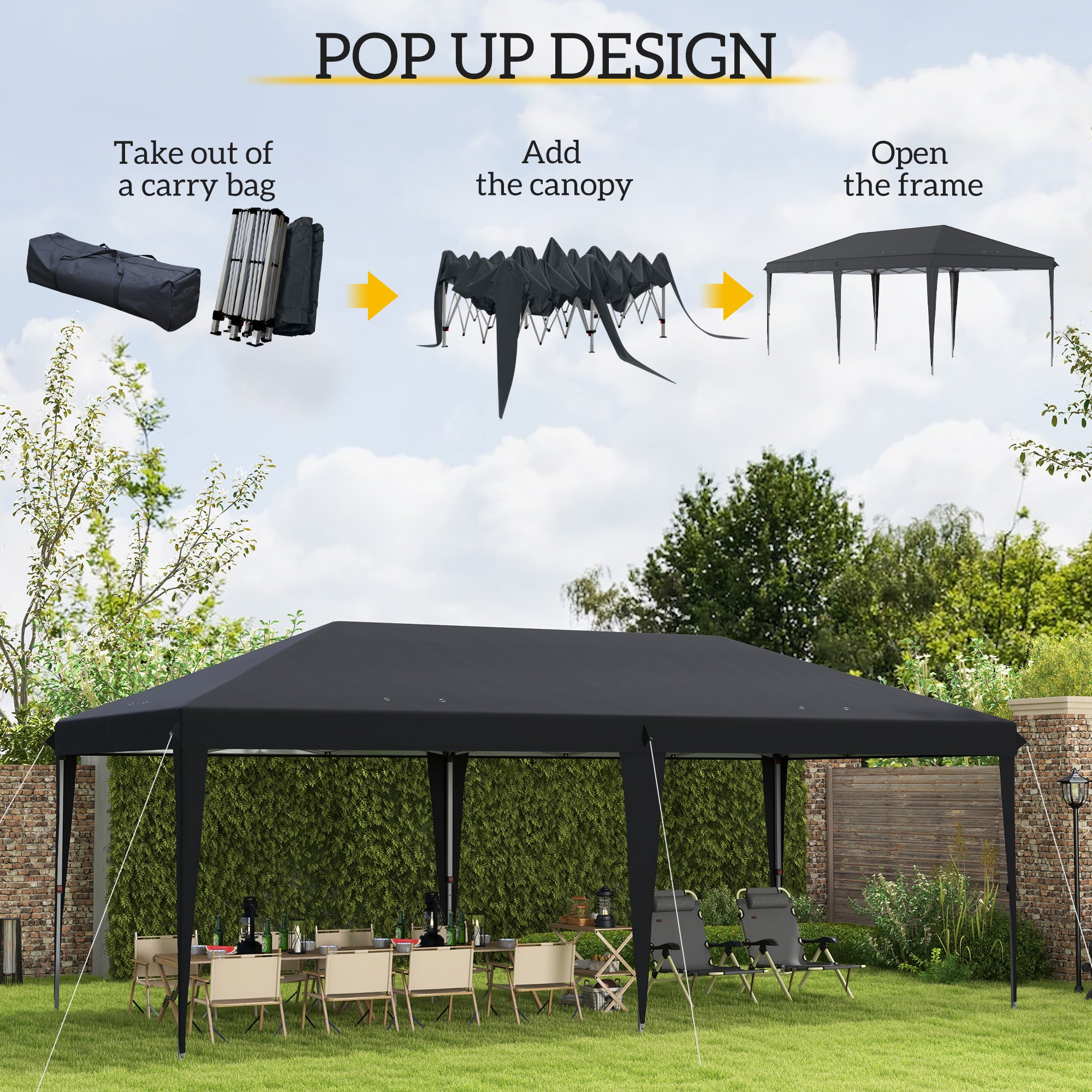 Pop Up Gazebo, 3 x 6m Foldable Canopy Tent Height Adjustable, Black