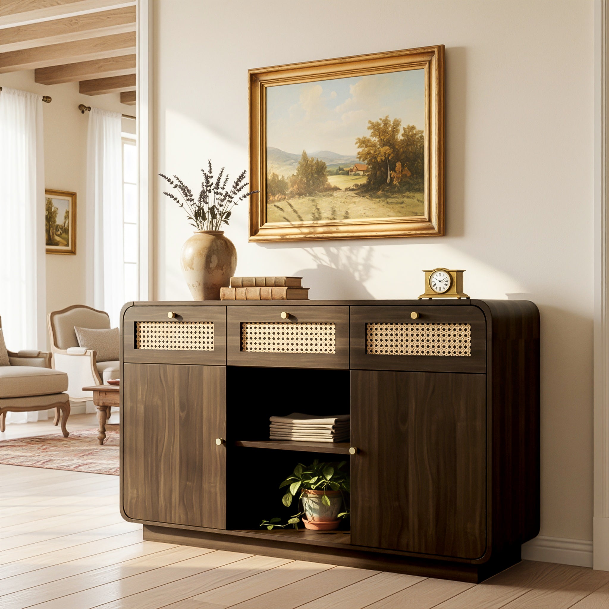 Chest of drawers/sideboard, 3 Drawers 2 Cabinets Rattan Gold Handles, 120cm Walnut