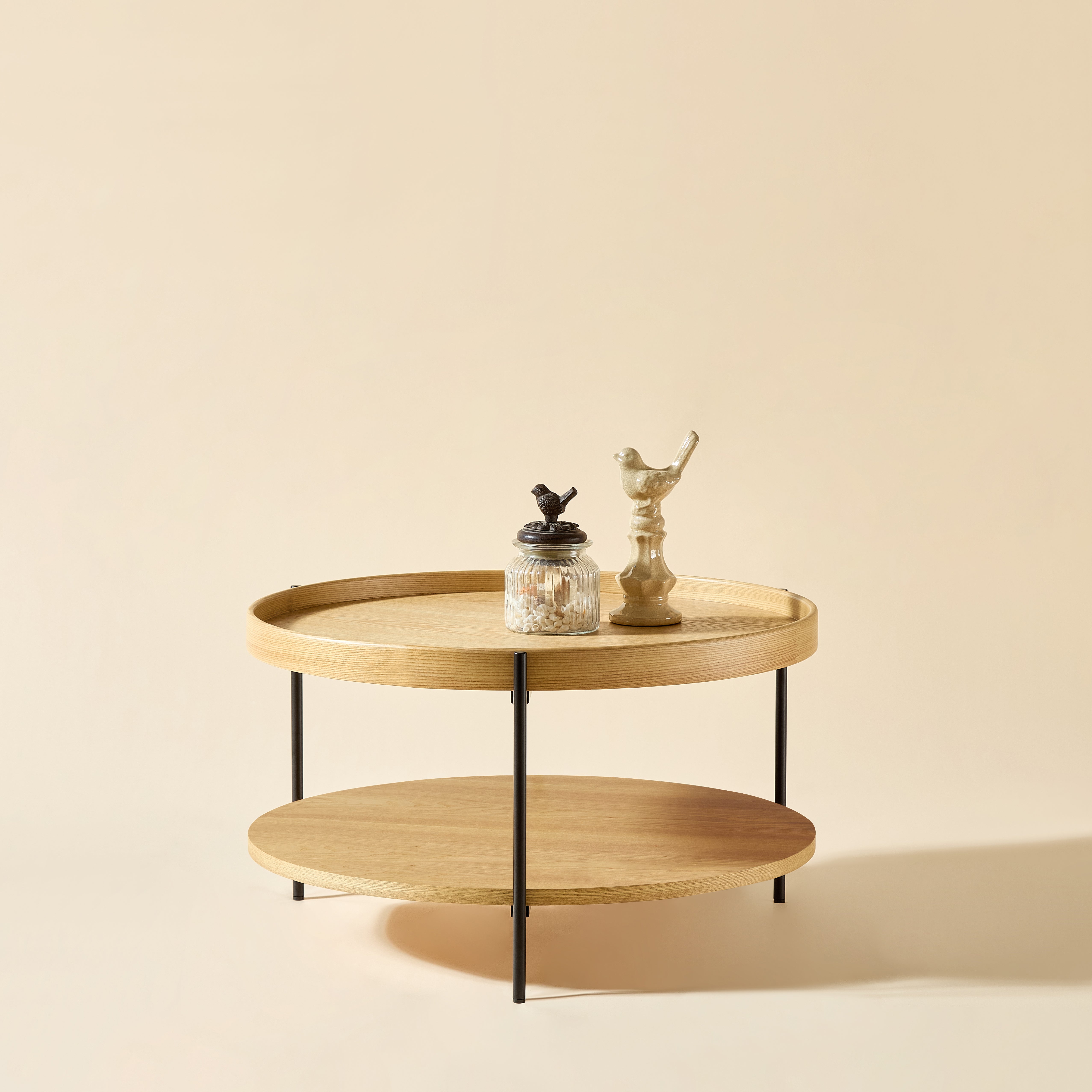 Coffee Table Modern 2-Tier Round Tray Wood & Iron