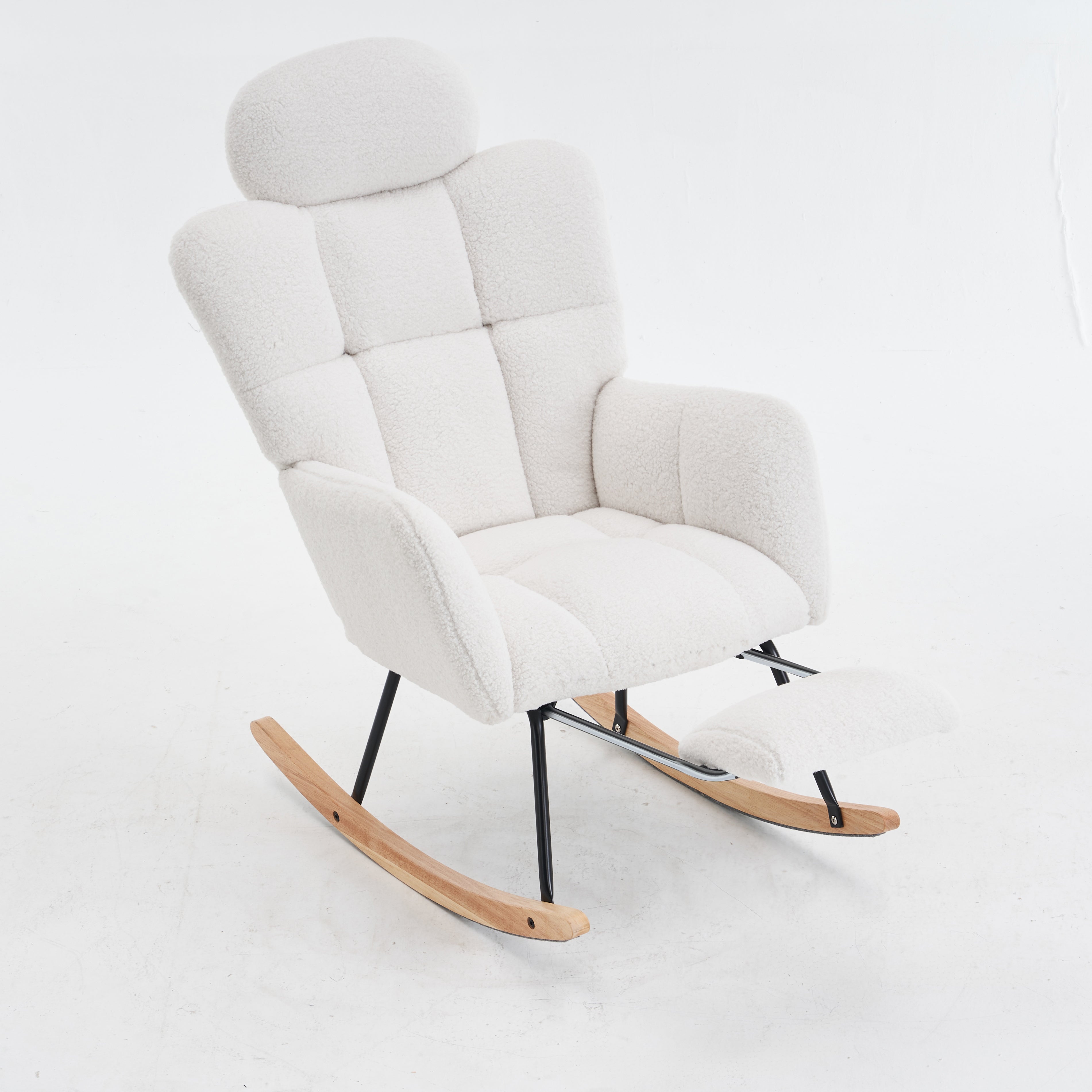 Teddy Fabric Rocking Chair, Tufted Upholstered with Headrest and Foldable Footrest, Ivory White