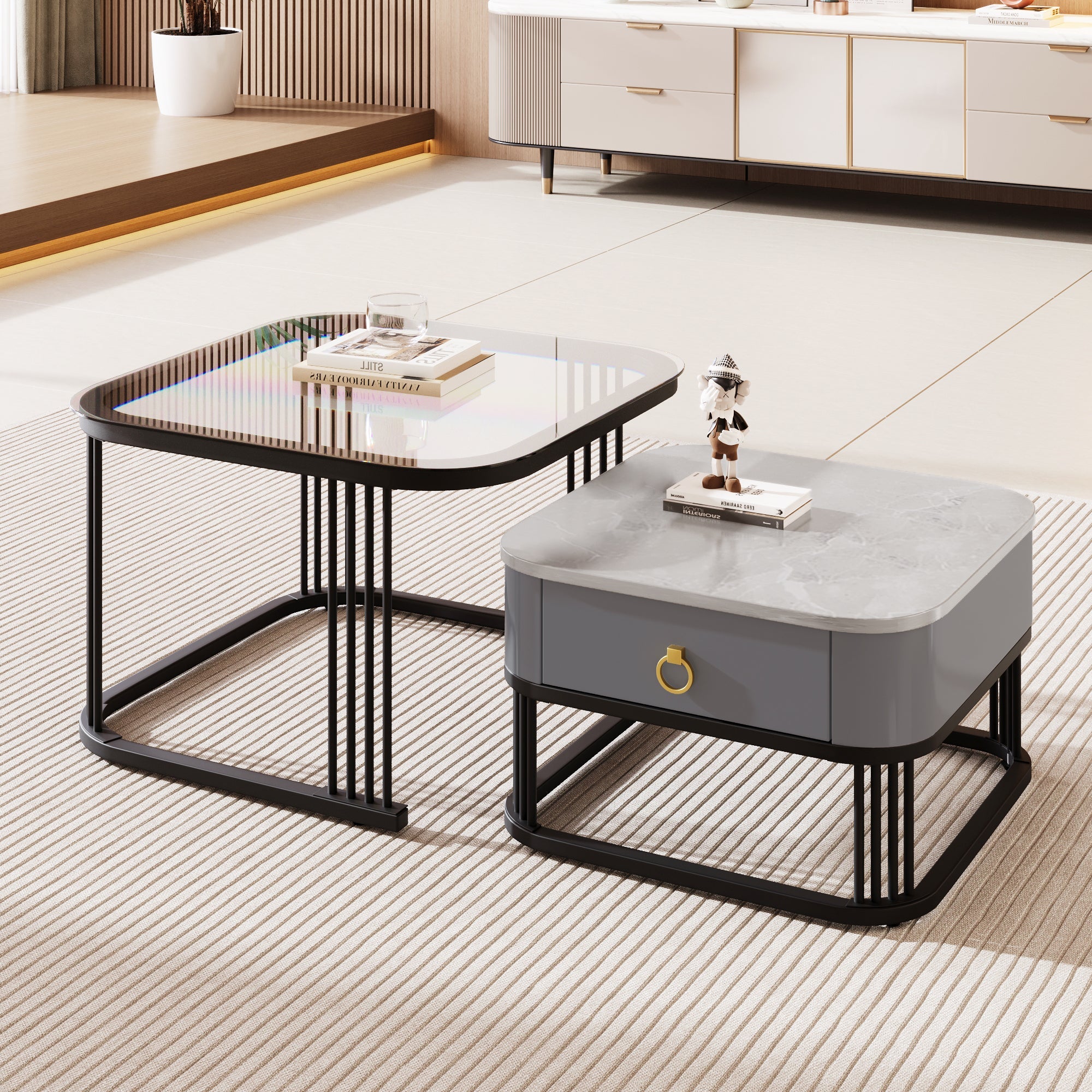 Nestable Coffee Table: High-Gloss Marble Exterior, Glass Tabletop, Black Table Legs, Side Table with Drawer (Set of 2)