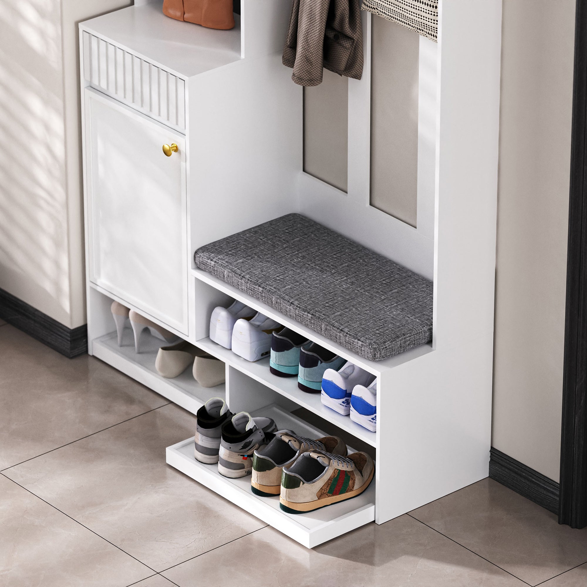 Wardrobe set, complete hallway with bench, 4 hooks, doors & drawers - white