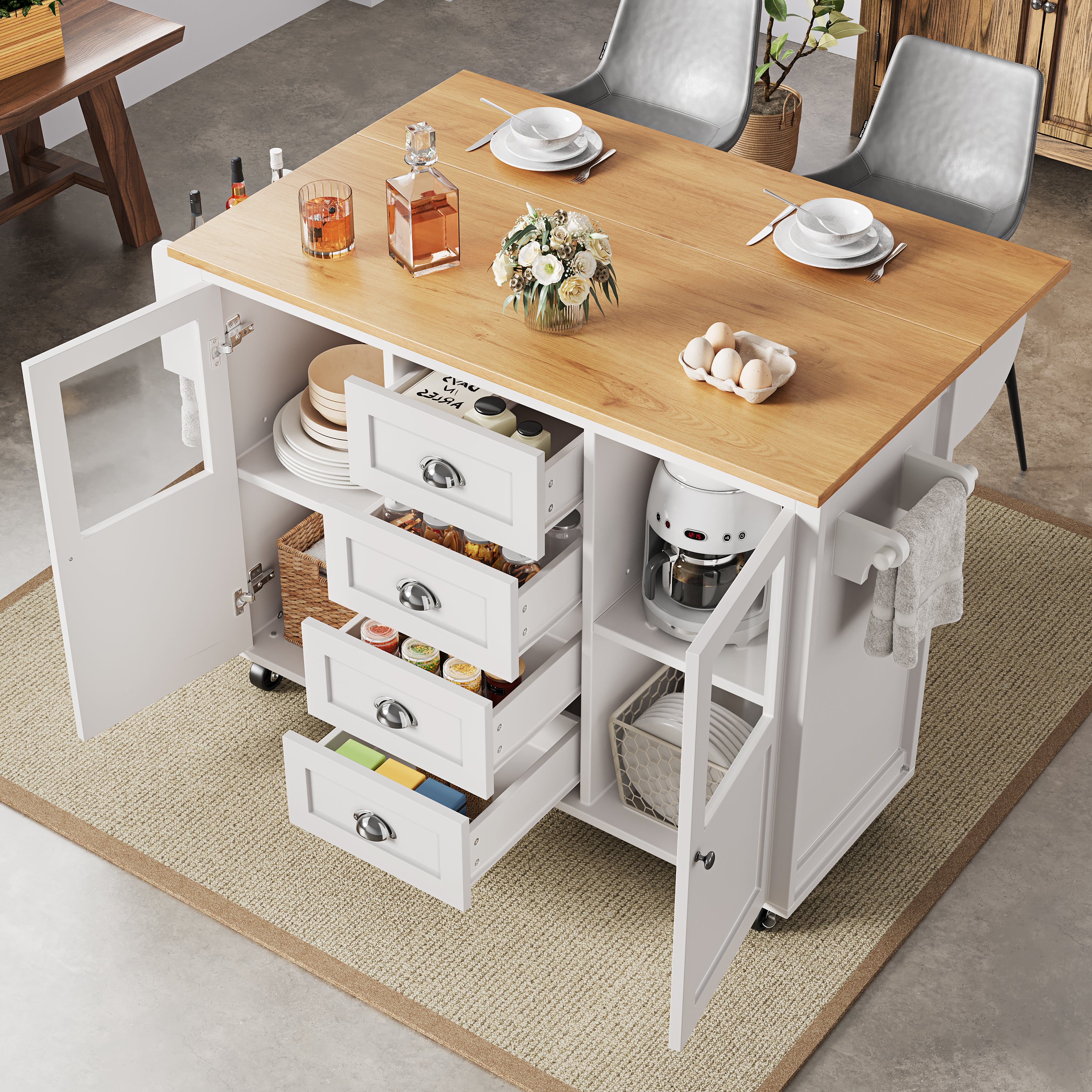 Kitchen Island with Extendable Trolley and Storage Drawers, White/Black