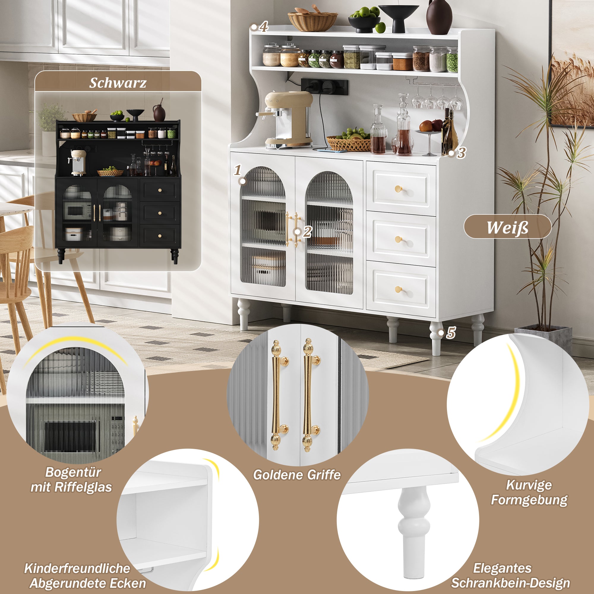 Tall Cabinet with Sockets, Drawers, Wine Glass Holders & Adjustable Shelves - White