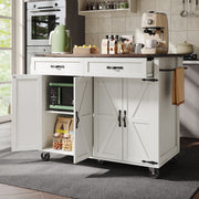 Farmhouse Style Rolling Kitchen Island Storage Trolley with Large Cabinet, 2 Drawers, Adjustable Shelf, Spice & Towel Rack, White