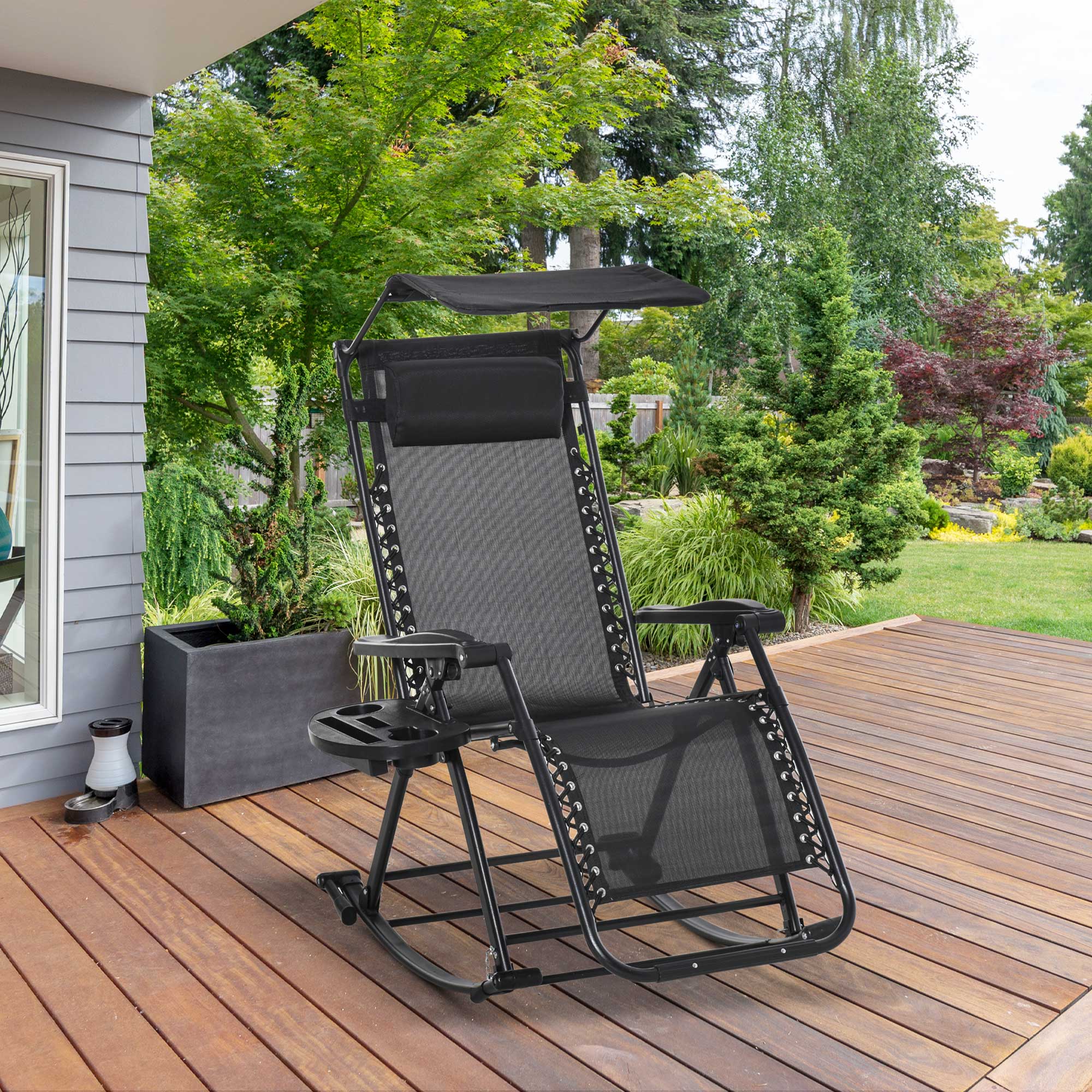 Garden Rocking Chair Folding Recliner Zero-Gravity Adjustable Sun Lounger, Black