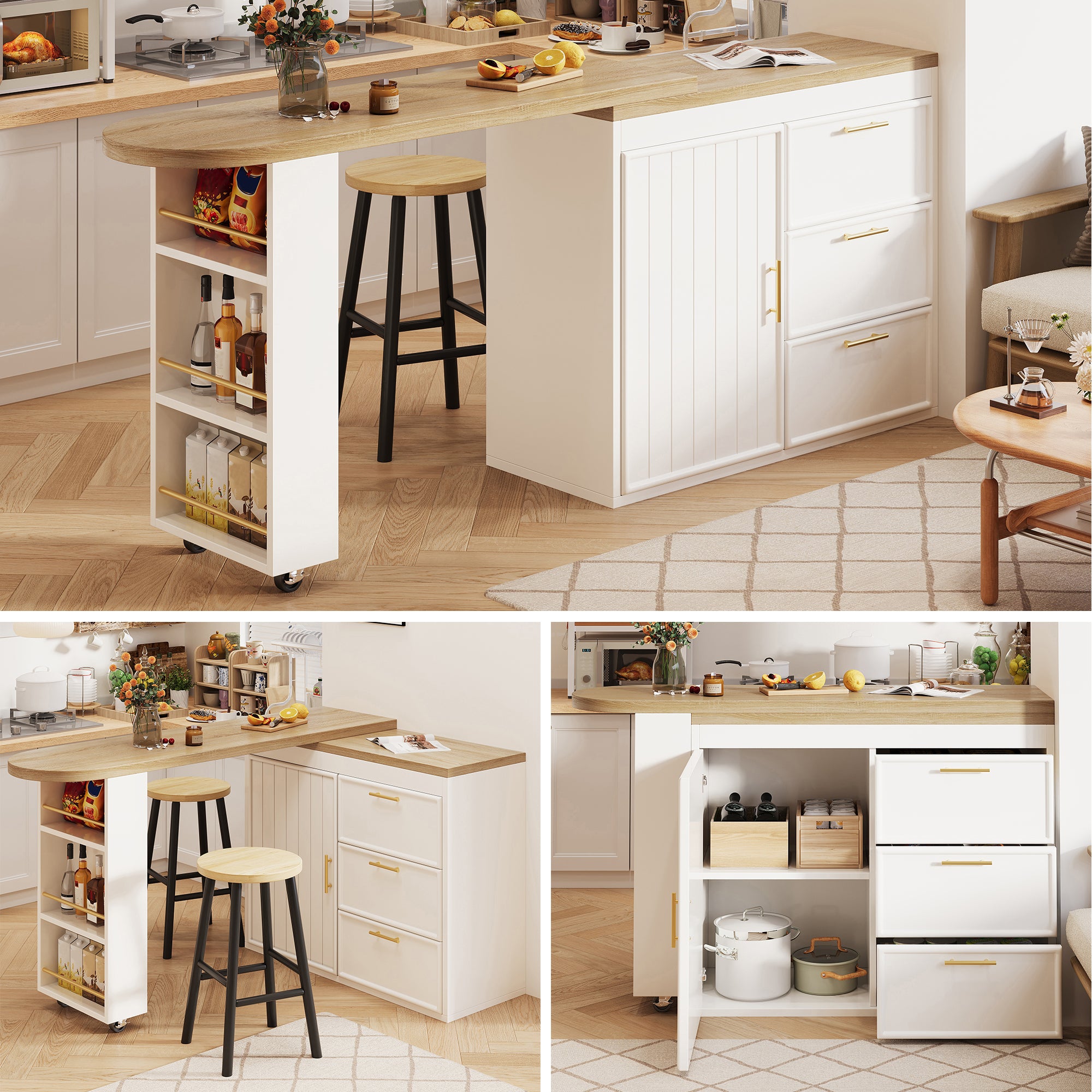 Bar Table with 360° Swivel, 3 Drawers and Storage Shelves, White