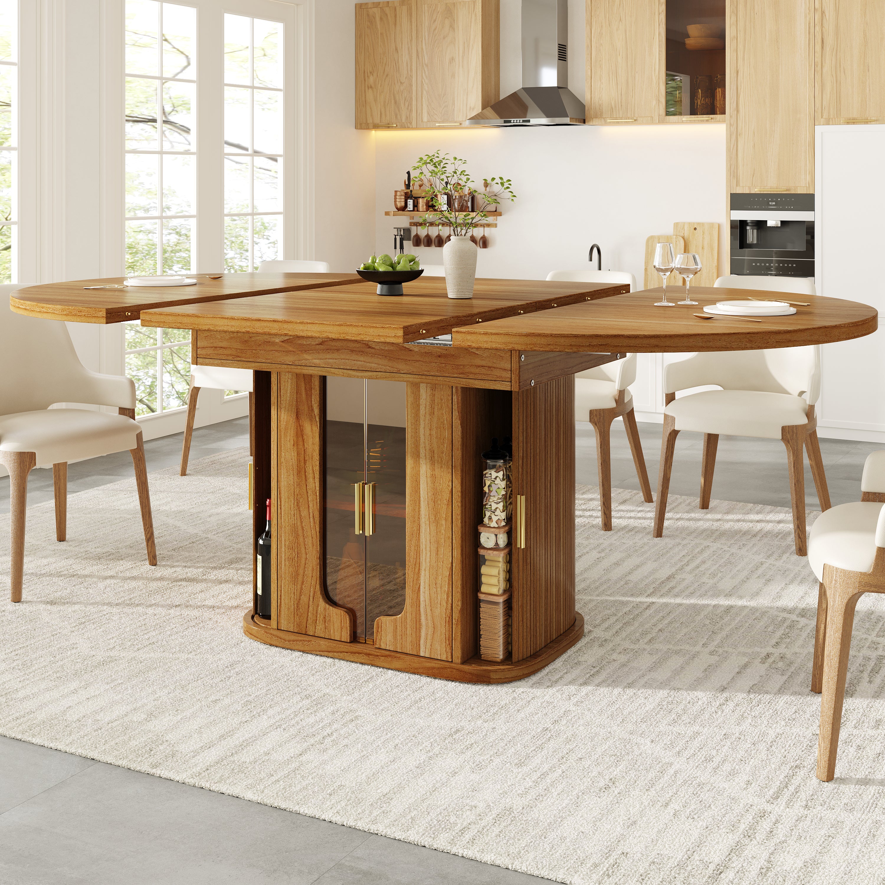 Extendable Round Dining Table, Oval 118-158 cm Seats up to 6 with Glass Doors, Walnut