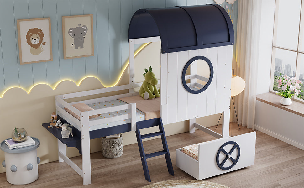 Bunk Bed, Half-Height Kids Bed with Roof, Window, Drawer & Ladder, Pine + MDF + Plywood, White + Dark Blue, 90x200cm