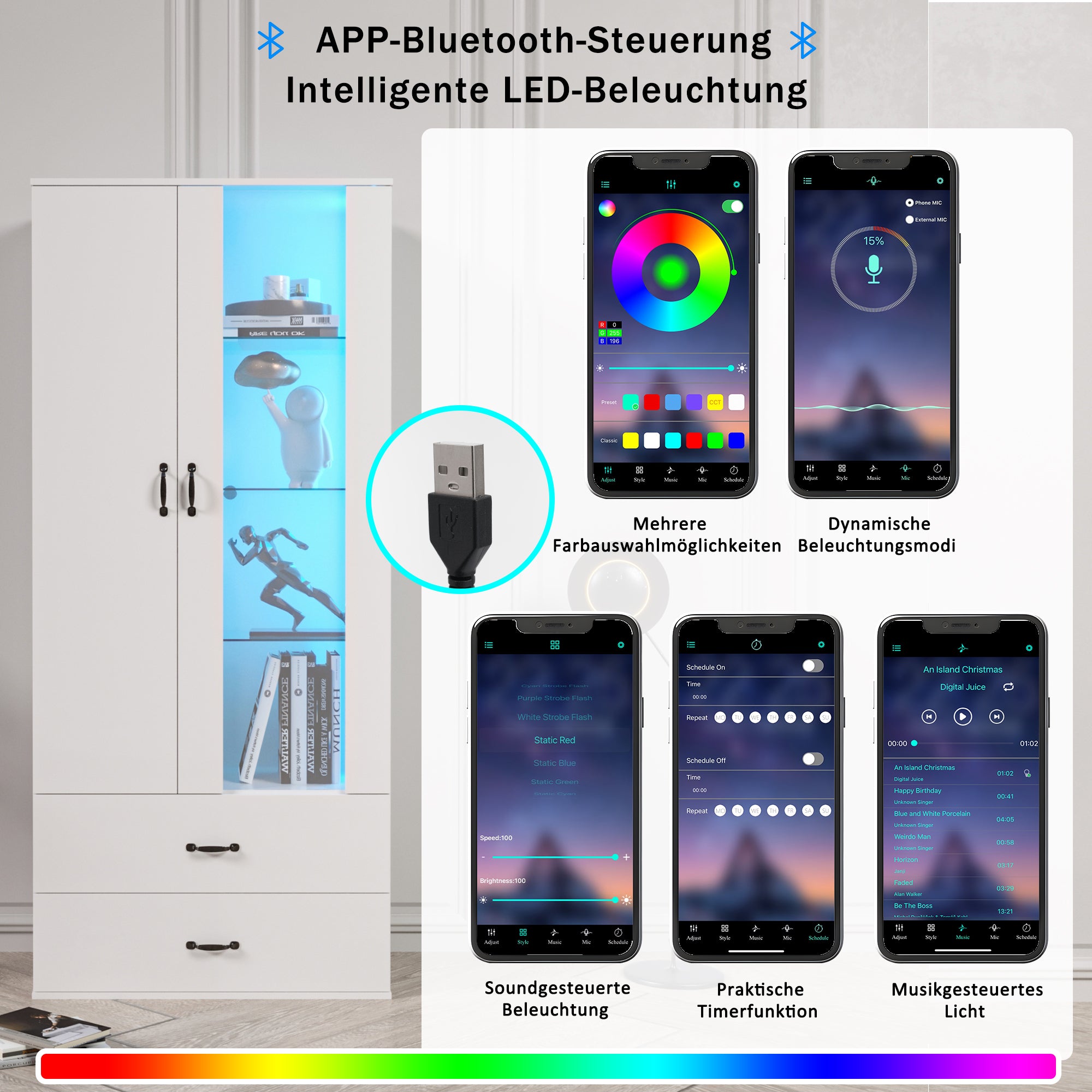 Display Cabinet, 16-Color LED Illuminated with 2 Transparent Doors, Freestanding, White