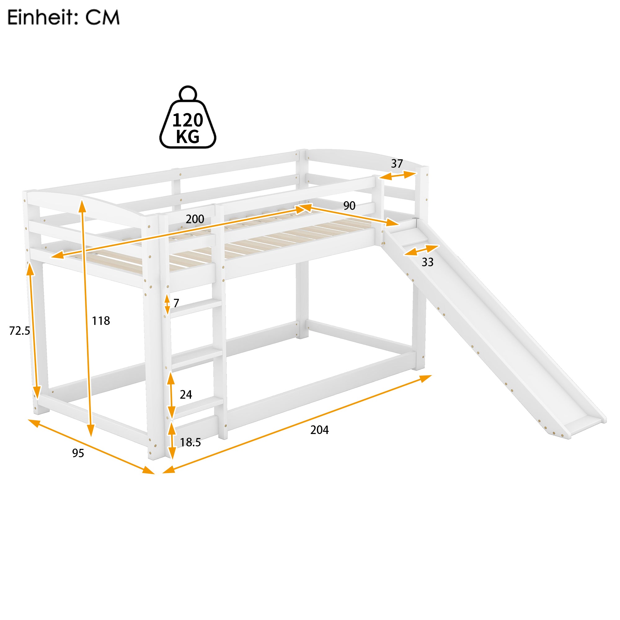 Bunk Bed with Slide, Solid Wood Frame, Easy Assembly, 90x200cm, White