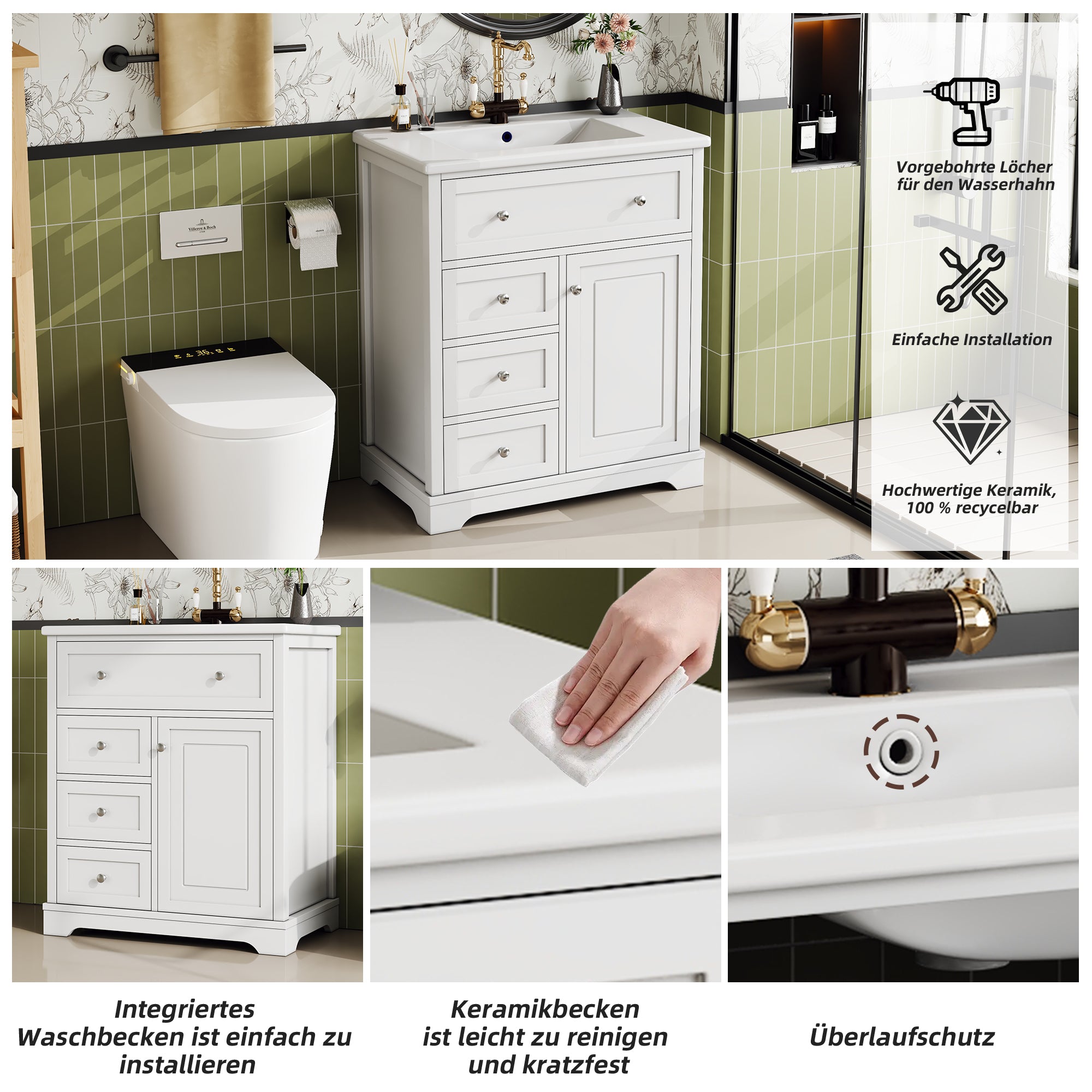 Bathroom Vanity Unit with Ceramic Sink and Drop-down Drawer, White