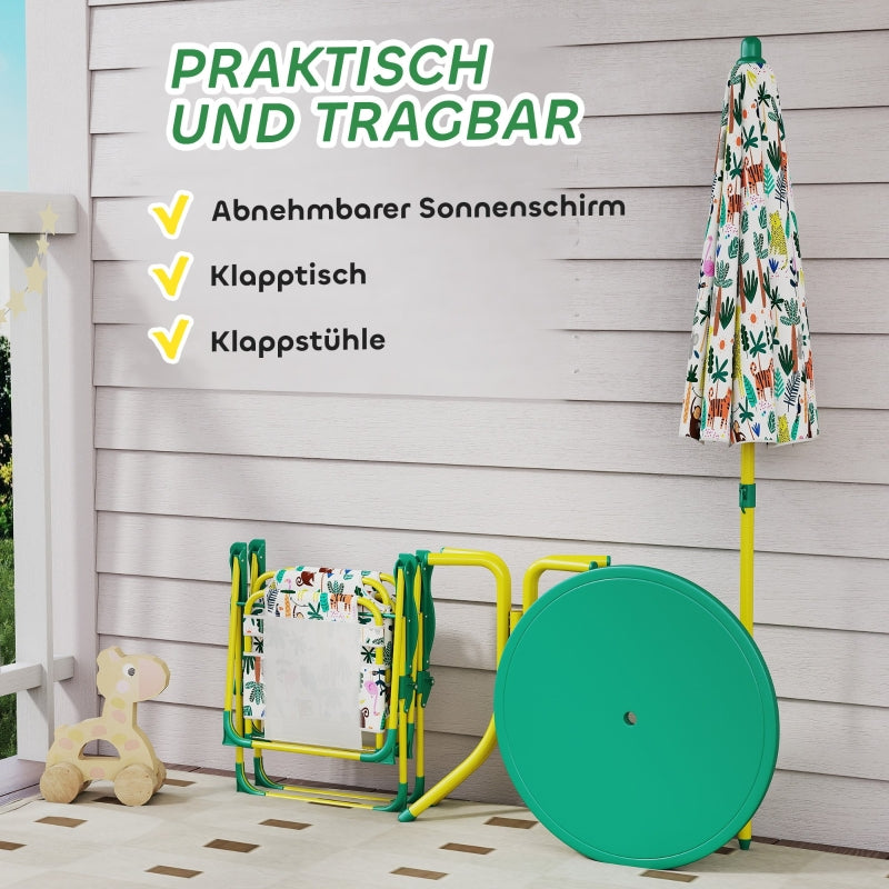Children's Seating Set 4-piece with Removable Parasol and 2 Folding Chairs Green