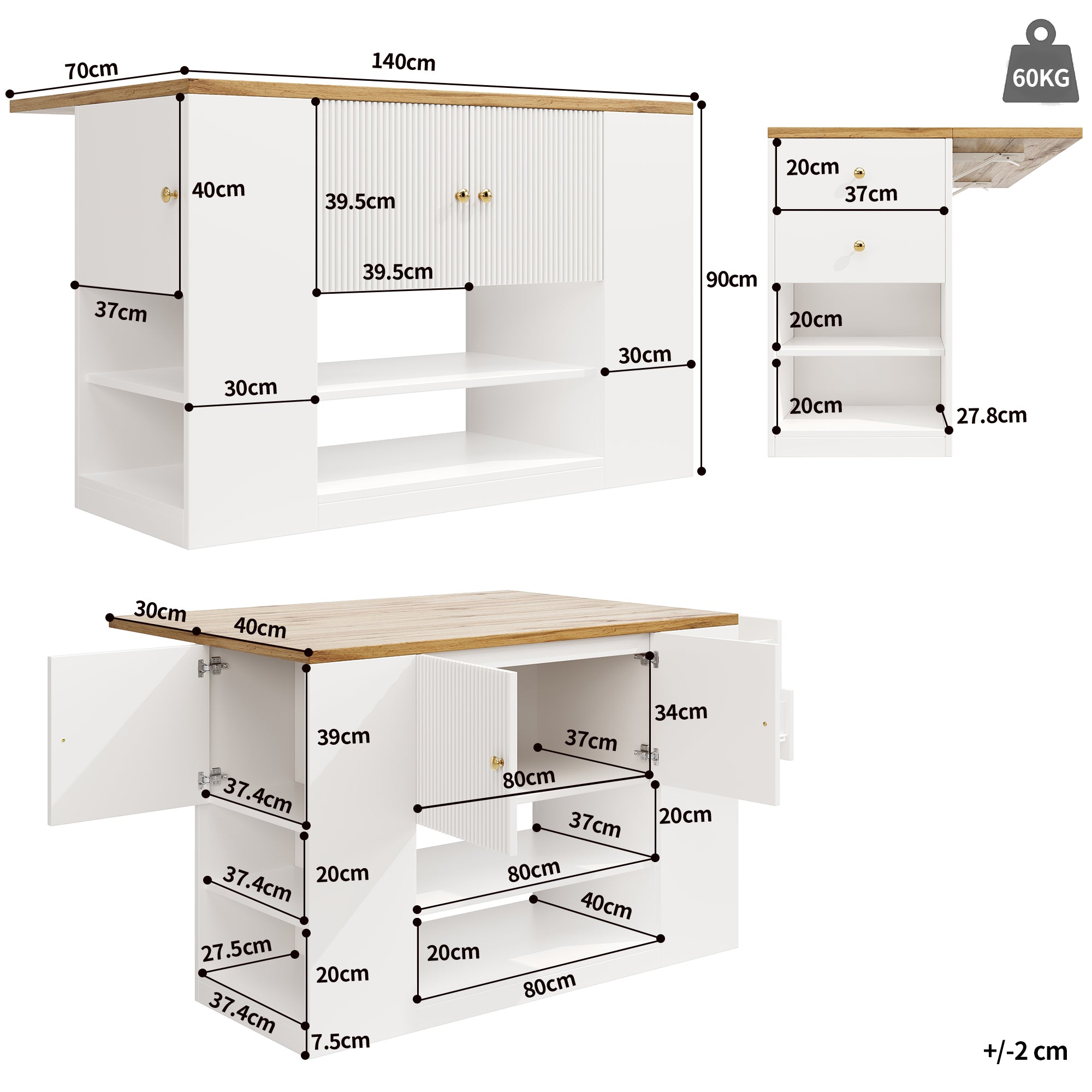 Modern Kitchen Island Sideboard with Drawers and Shelves - White