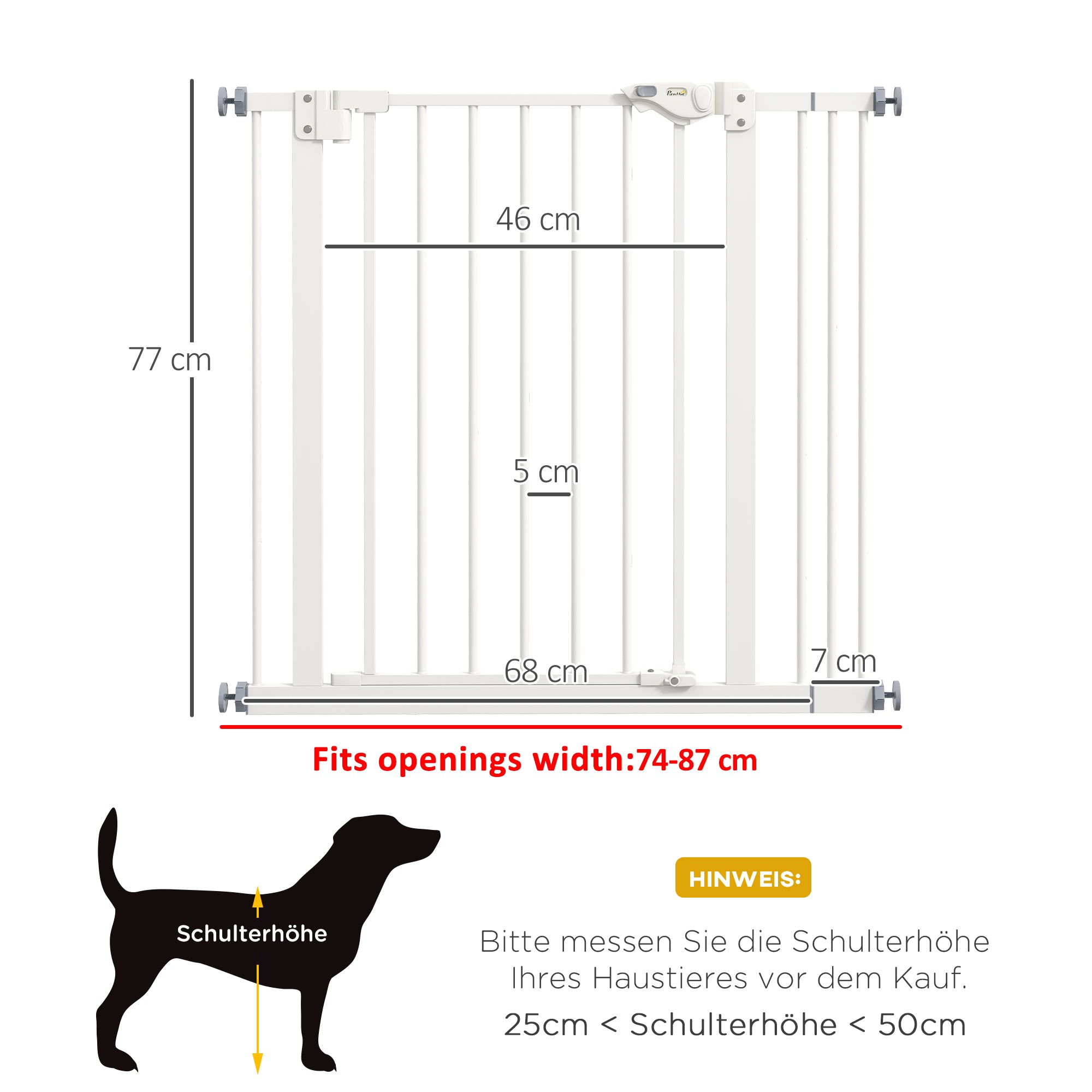 Dog Safety Gate, 74-87cm, Stair Gate, Metal Plastic White
