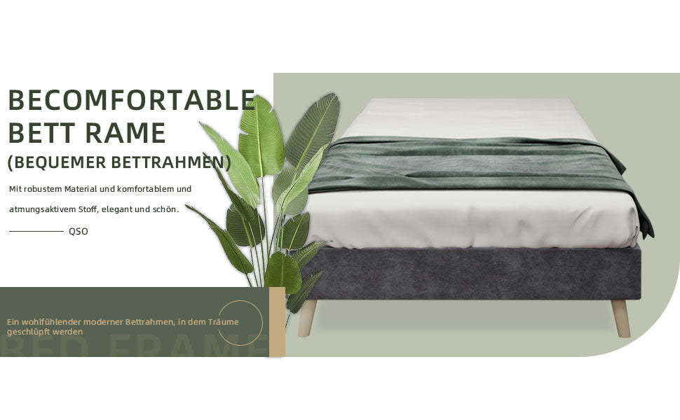 Modern Minimalist Bed Frame, Low-Profile Base 90x200 cm, Grey Dutch Velvet Fabric