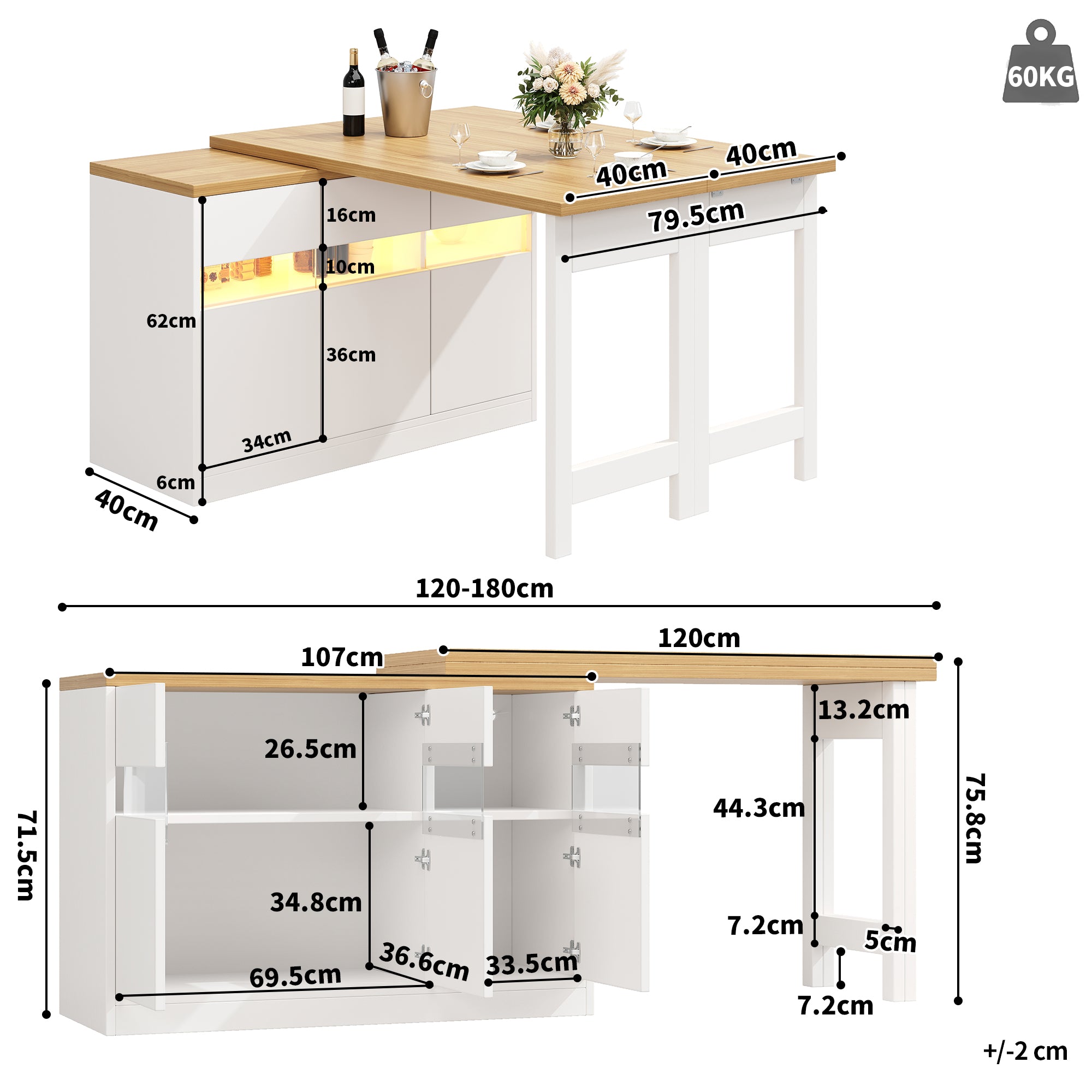 Extendable Bar Table with LED Lighting and 360° Swivel, 120-180cm Adjustable Length, White