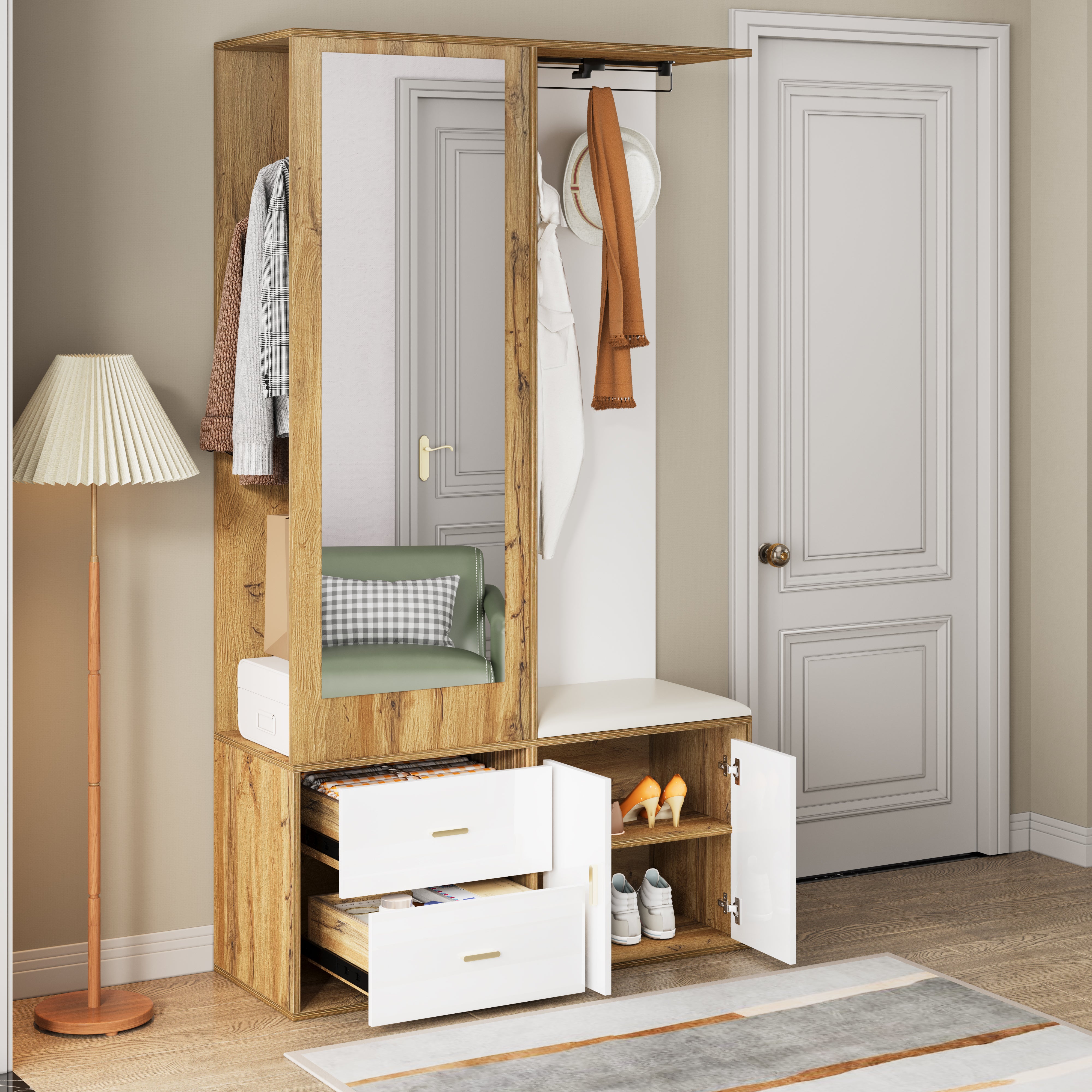 Wardrobe Set with Mirror, Shoe Cabinet & Bench, White and Wood