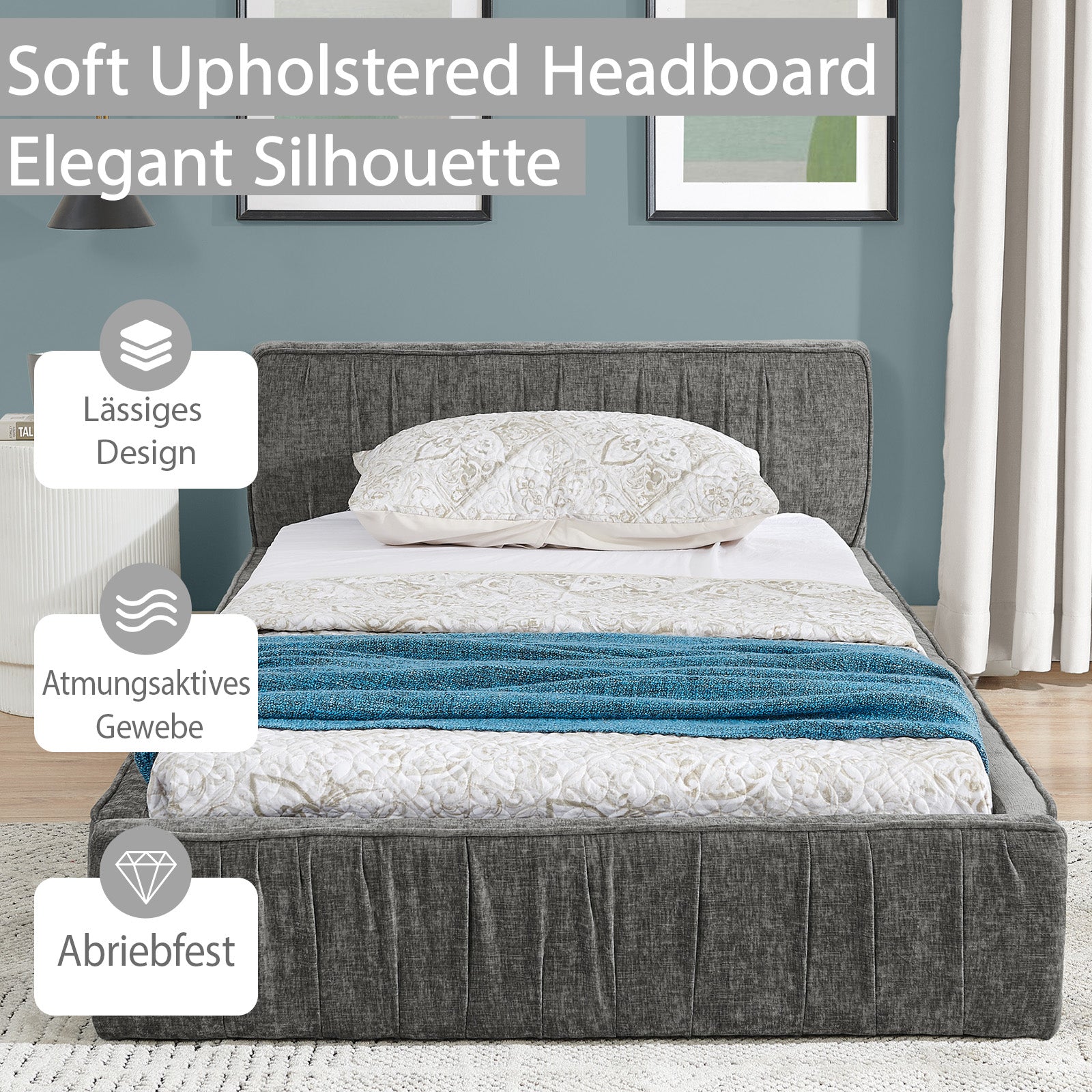 Single Bed 90x200cm Eucalyptus Wood Frame, Chenille Dark Grey