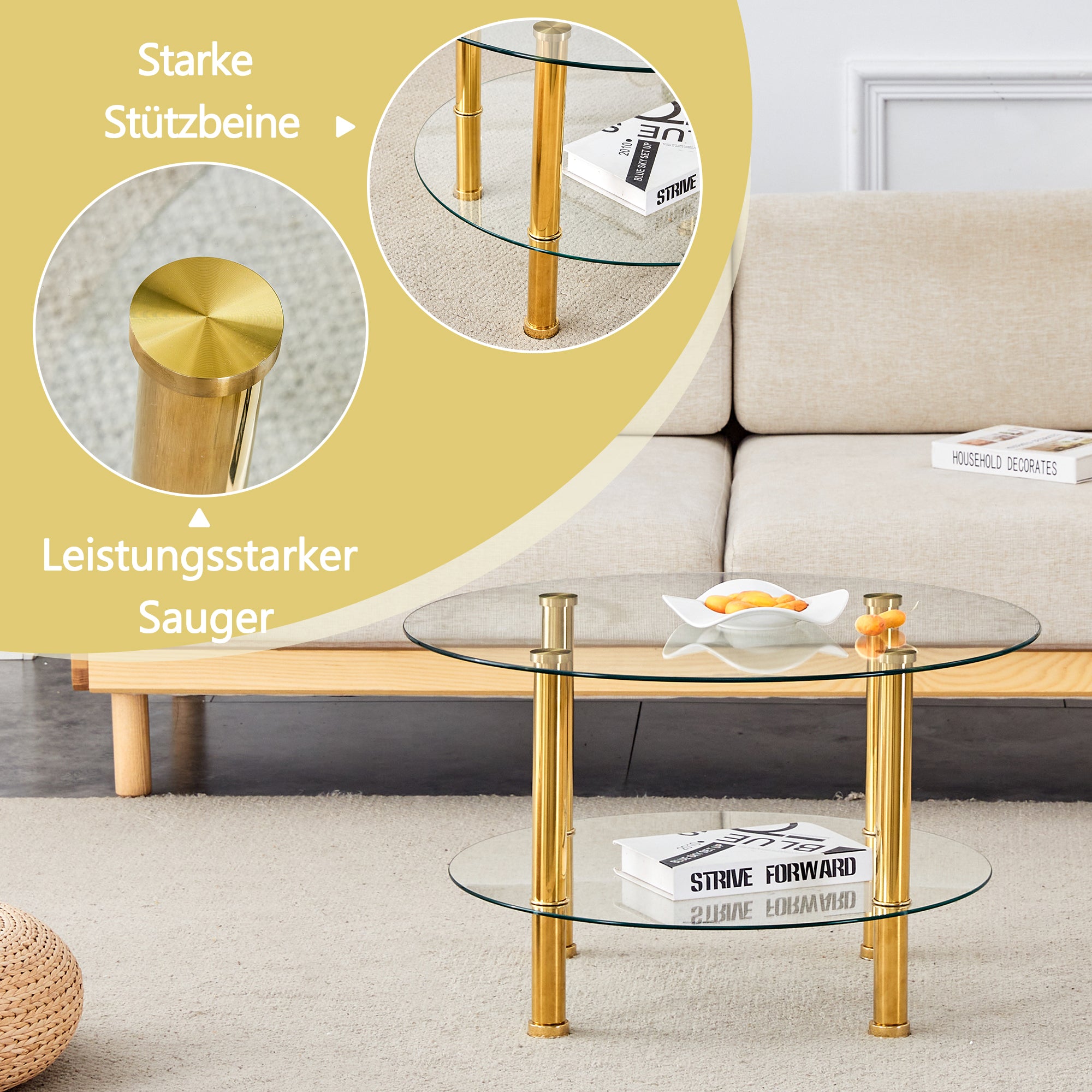 Coffee Table 2-Tiered Glass Gold Metal Legs