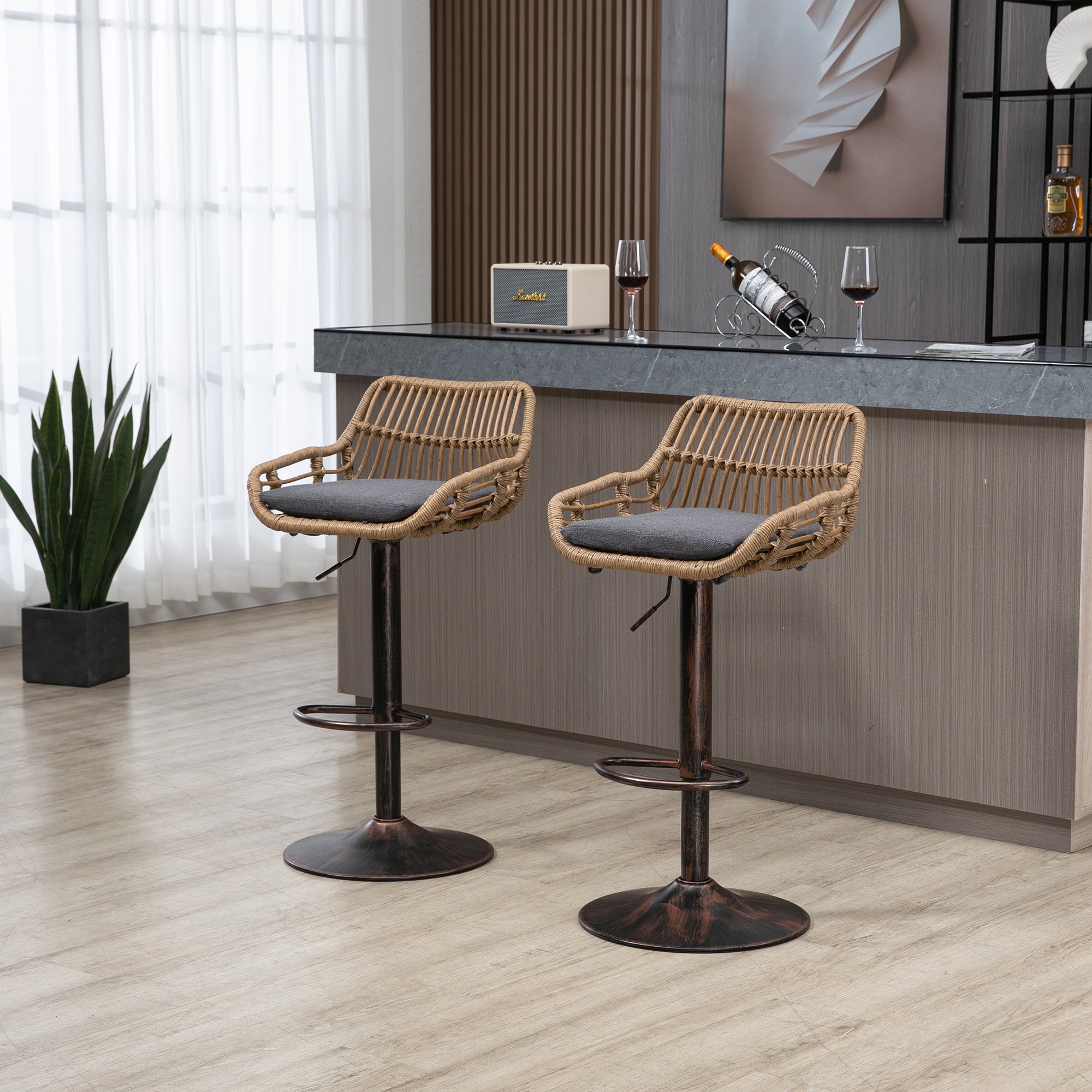 Modern Bar Stool Set of 2, Adjustable, Footrest, Gray