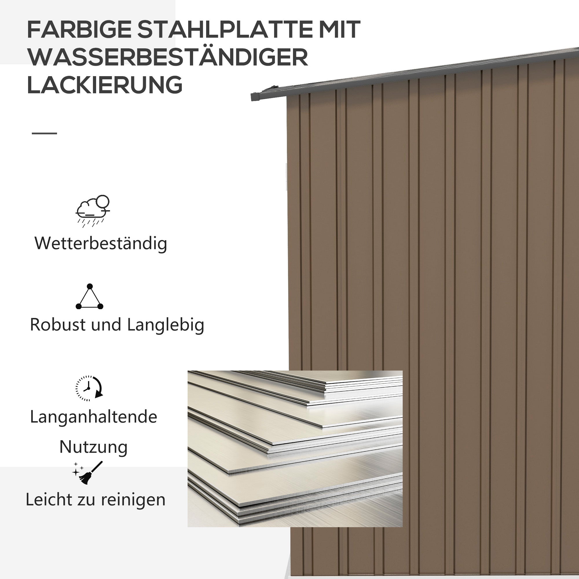 steel tool shed with pent roof and lockable garden cabinet, brown