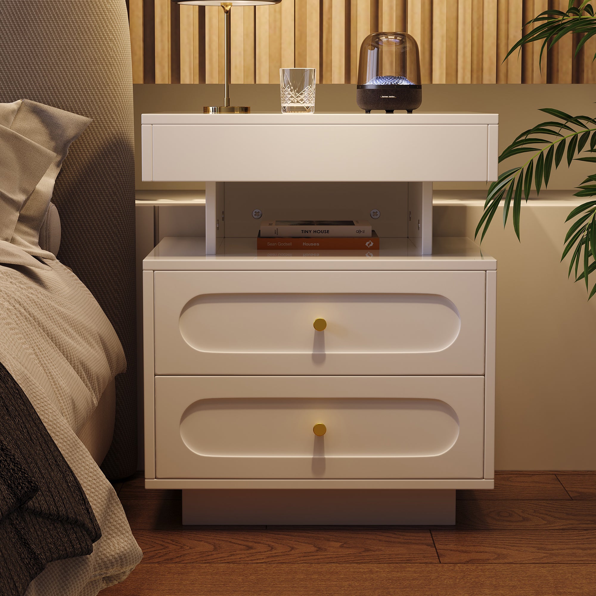 Bedside Table Nightstand with LED, 2 Drawers & Open Storage, White