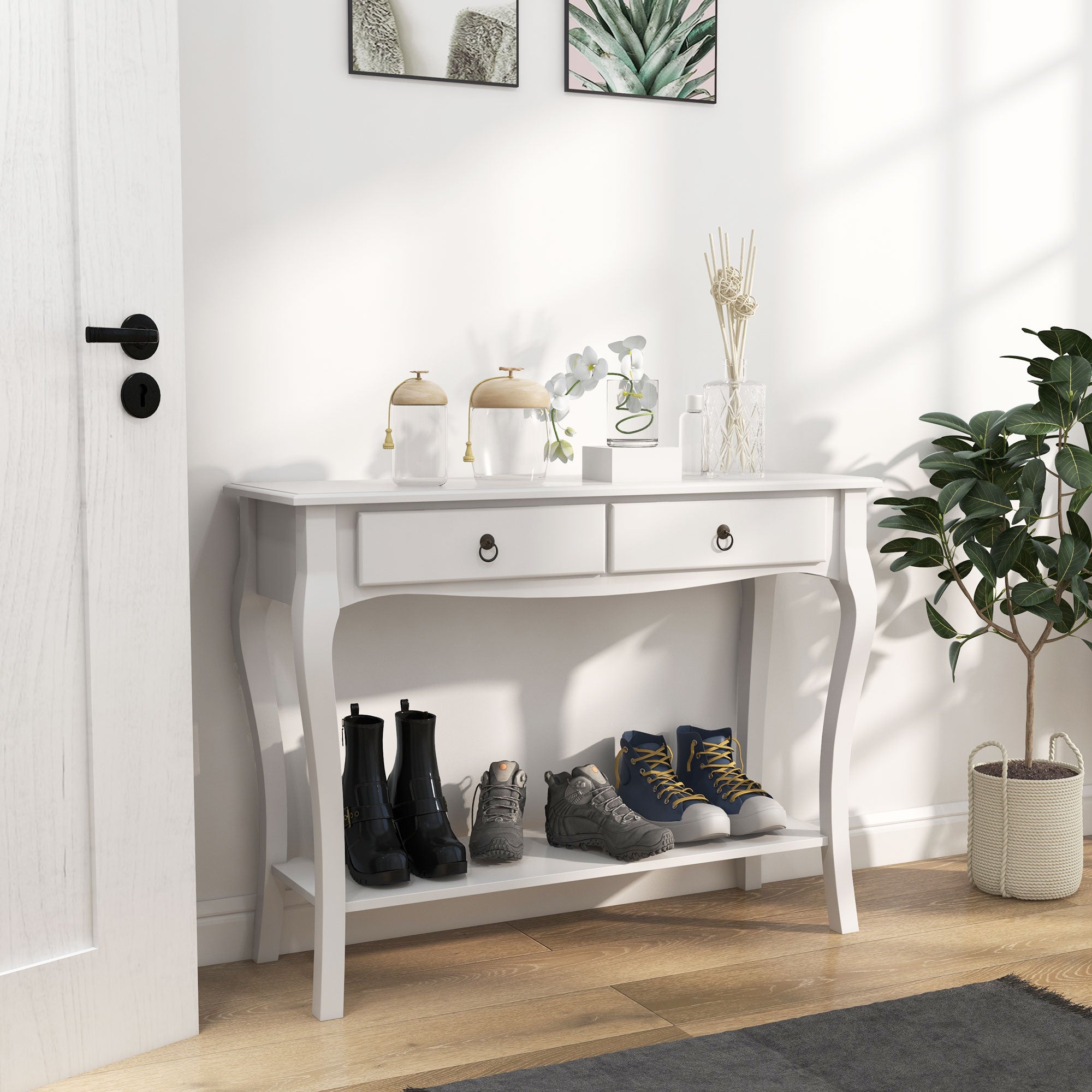 Console Table with Storage Shelves and Drawers, Modern Sofa Side Desk, Ivory White