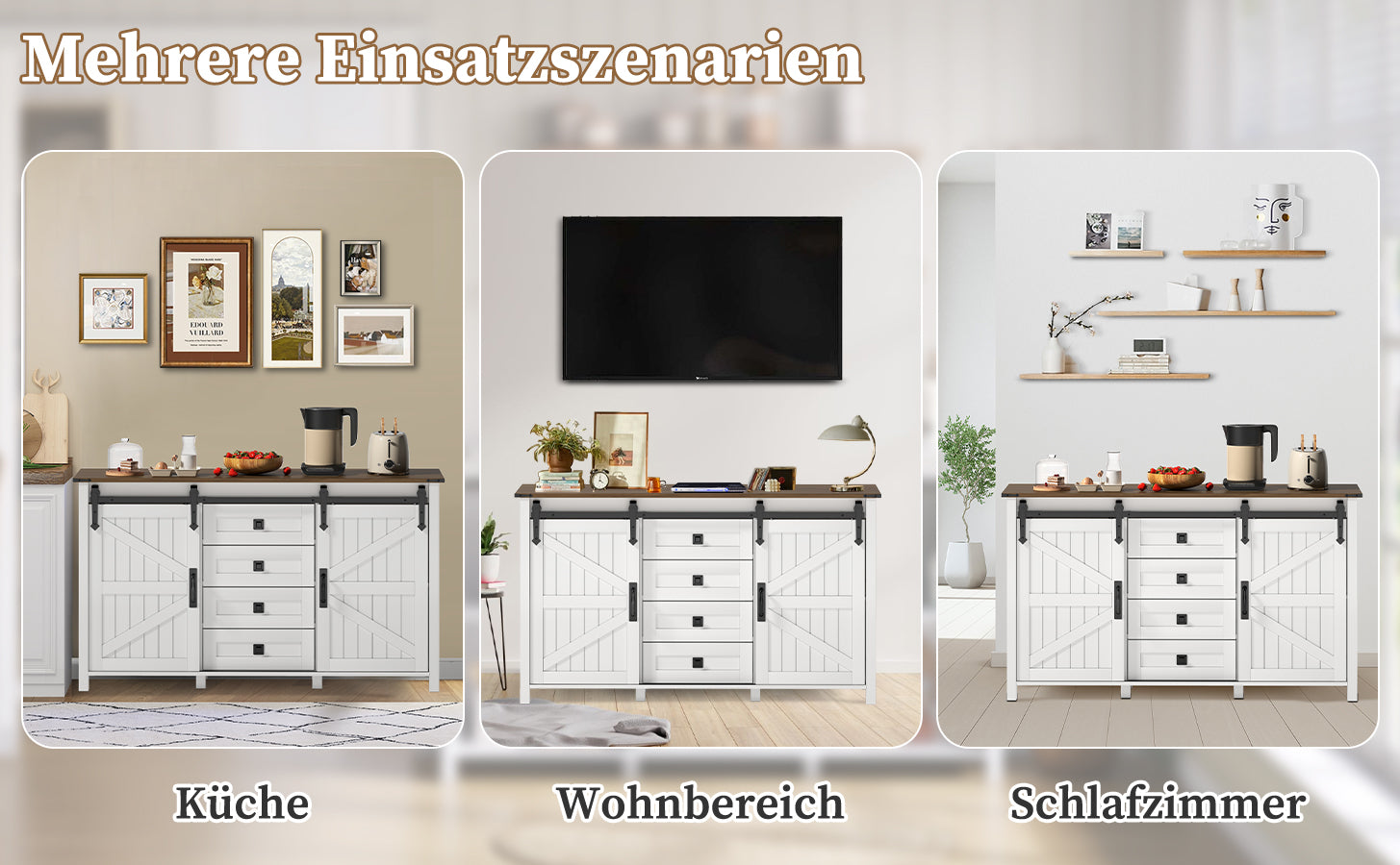 Sideboard 137cm Sliding Doors 4 Drawers Vintage Storage - White