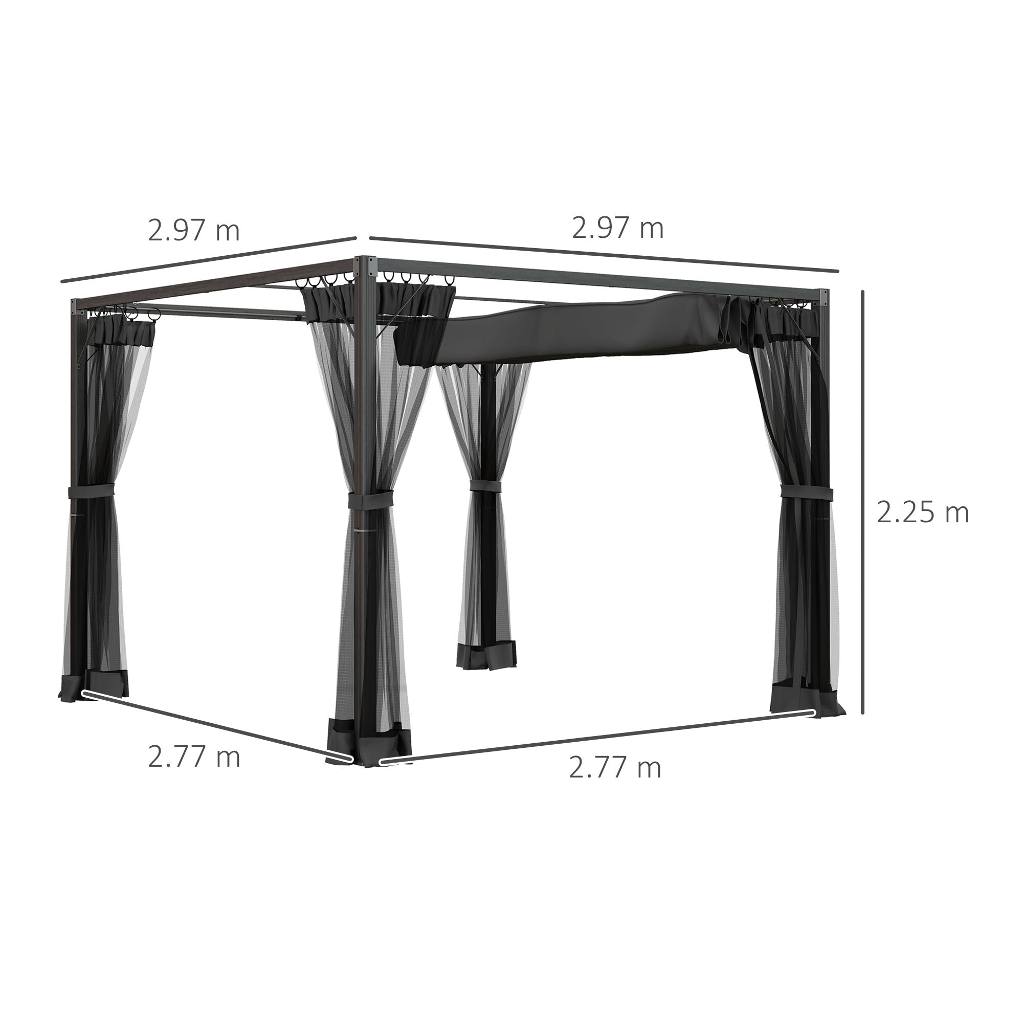 3 x 3m Pergola with Retractable Roof - Dark Grey Aluminium