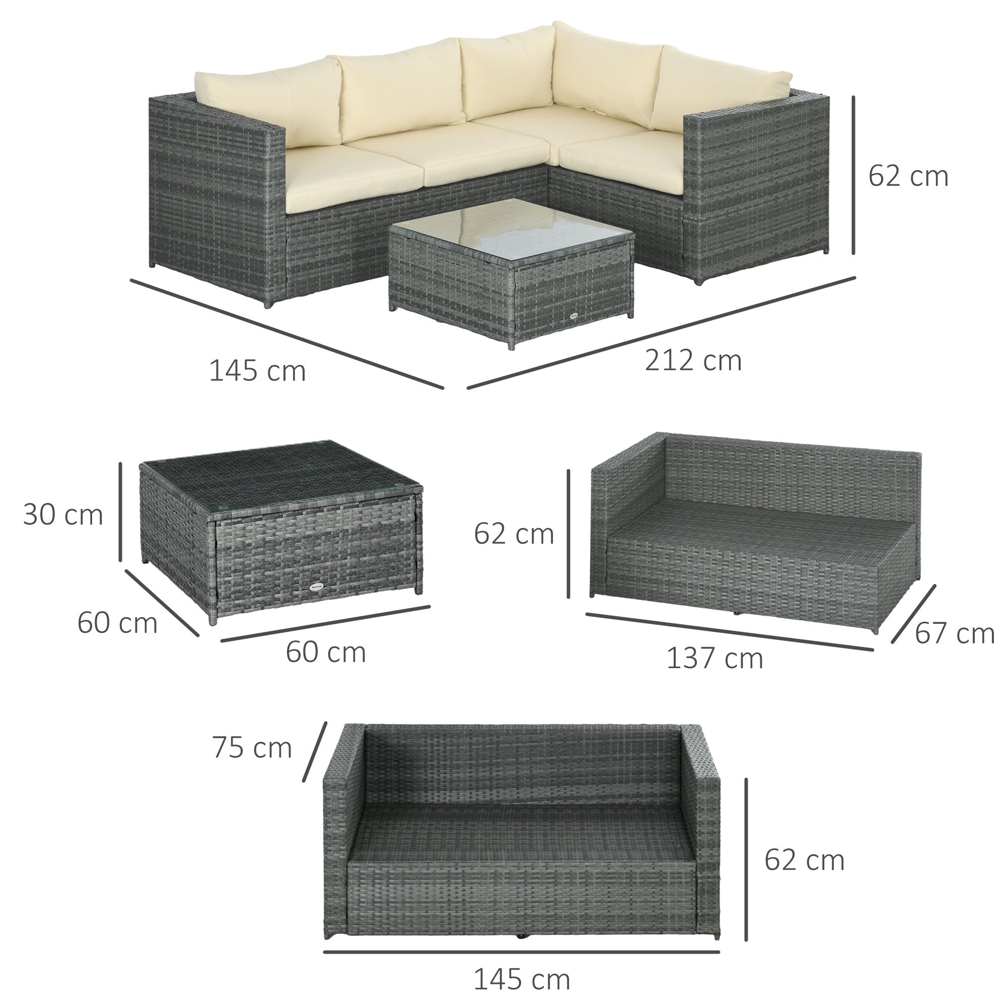 3 Pieces PE Rattan Garden Furniture Set, 4 Seater Corner Sofa, Glass Top Table, Beige