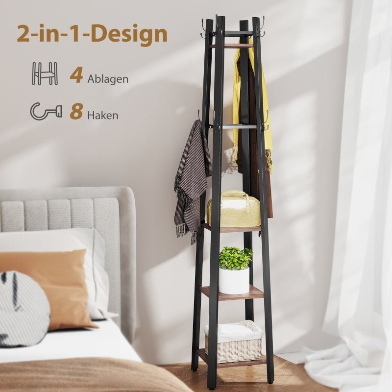 Coat Rack, 4-Tier Freestanding with 8 Hooks and 4 Shelves, Industrial Style, Brown