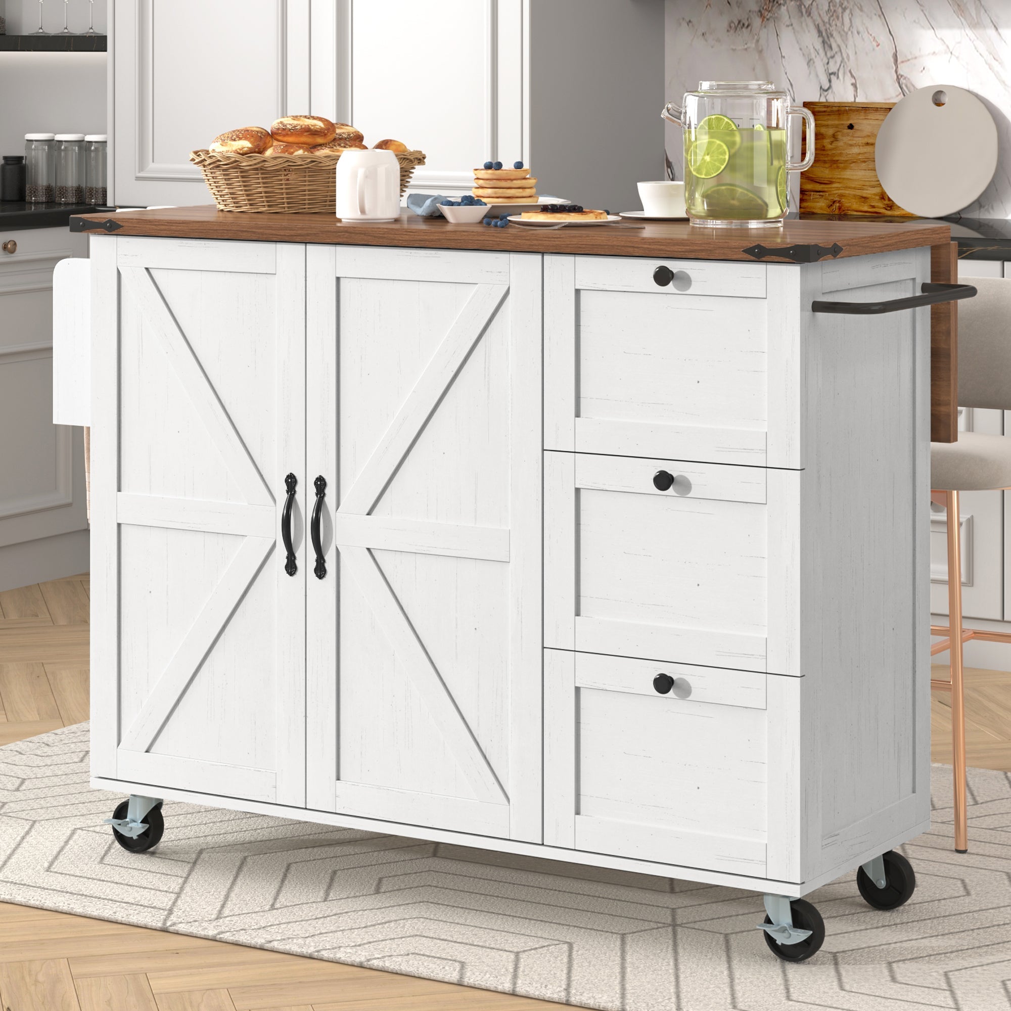 Kitchen Island Serving Cart with Extendable Worktop and Wood Grain, Two Doors and Three Drawers