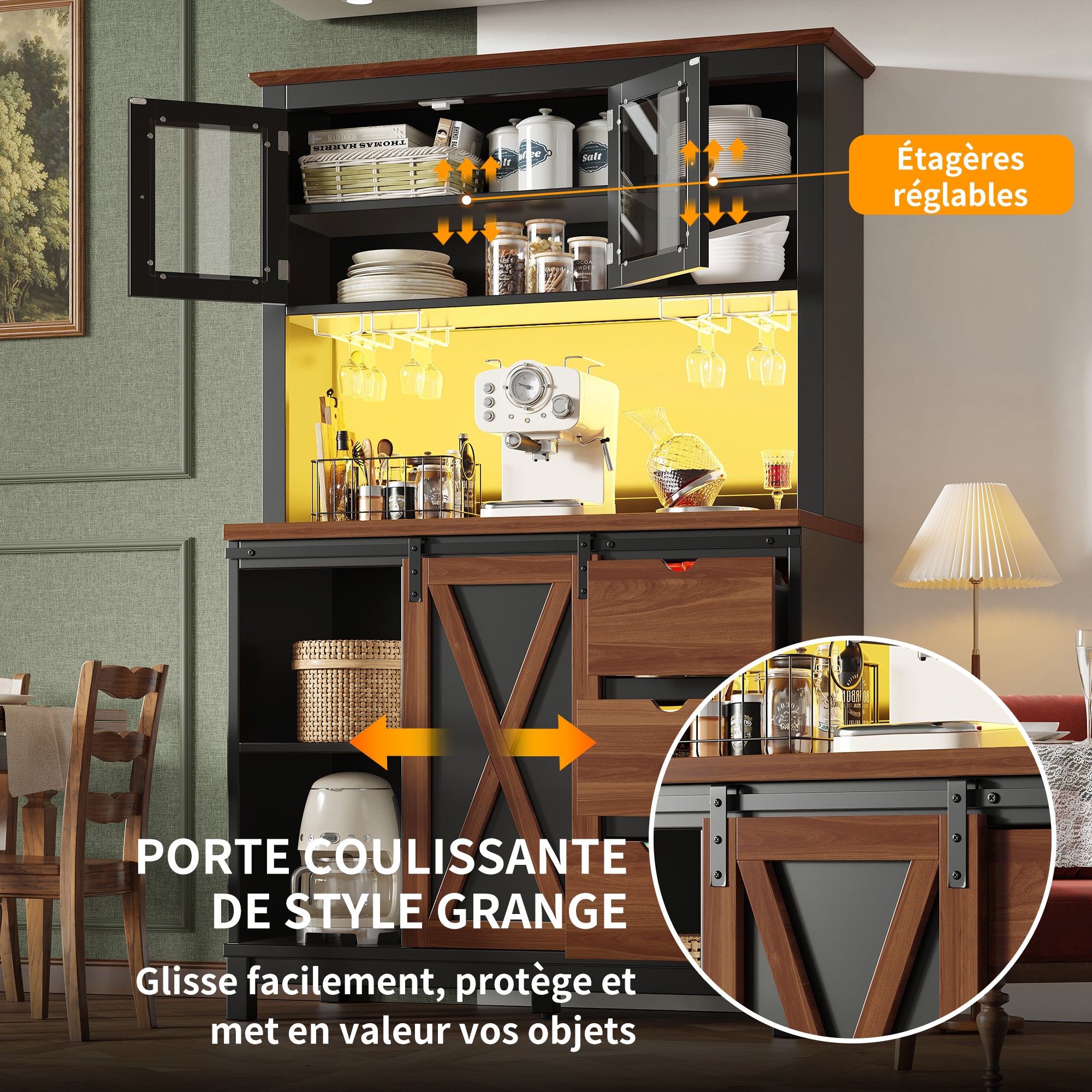 Modern Tall Sideboard Cabinet with LED App Control and Sliding Door, Black