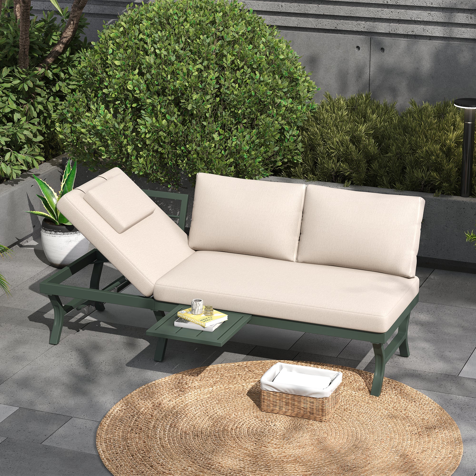 3-Seater Outdoor Sofa Garden Furniture Set with Adjustable Reclining Function and Table, Green Galvanized Steel Tube