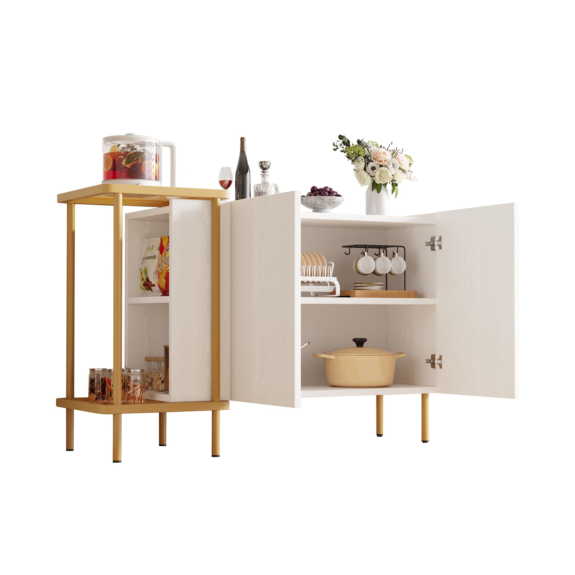 Sideboard Cabinet & Coffee Table, 2 Doors 2 Open Compartments, Metal/Glass White, 120 x 40 x 77.5 cm