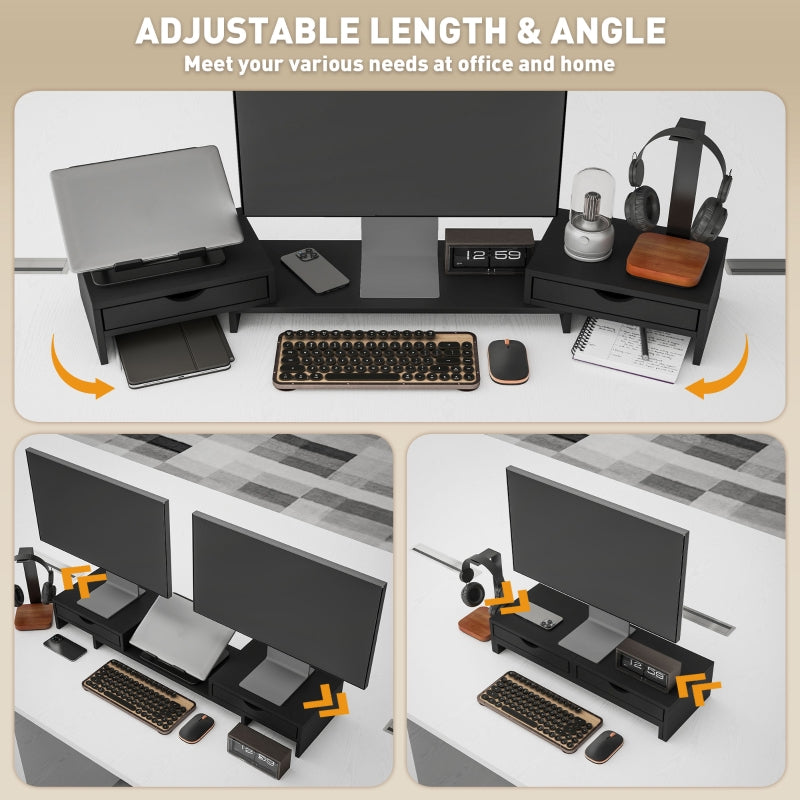 Dual Monitor Stand Riser with 2 Drawers Adjustable Length and Angle, Black