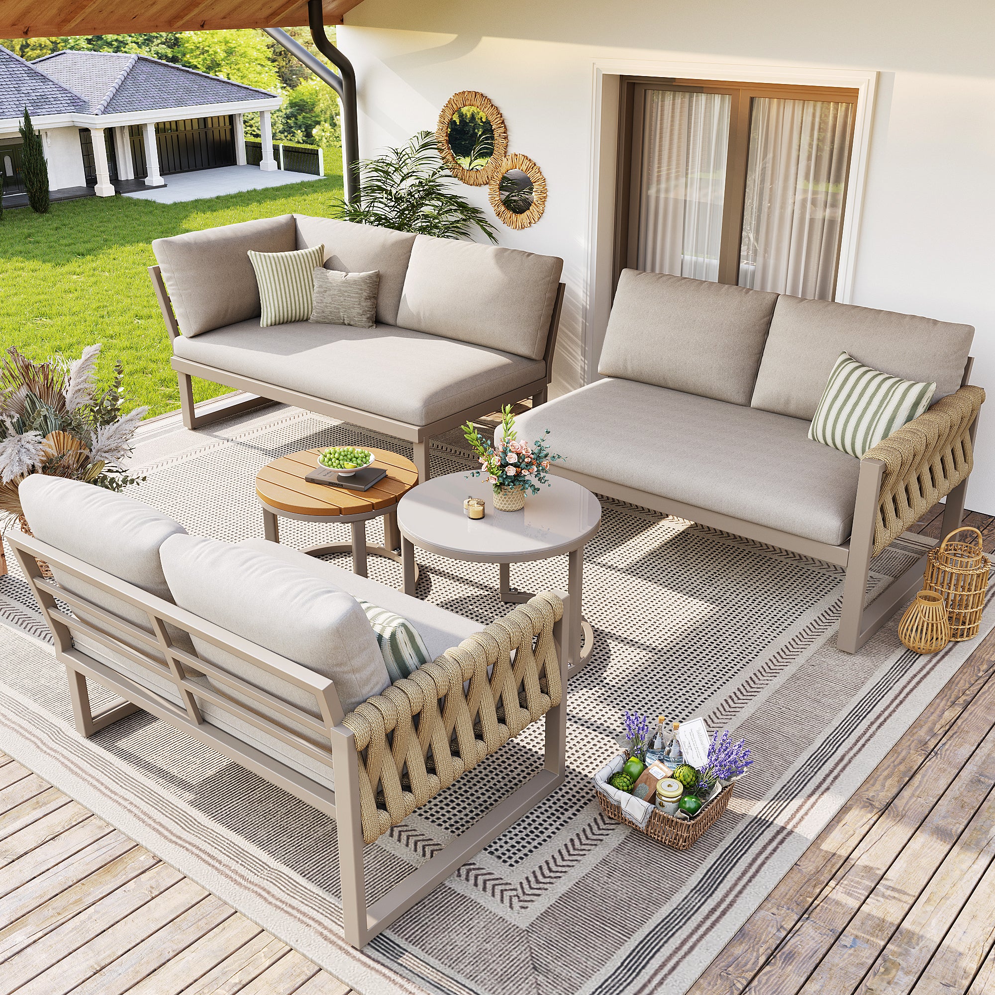 Garden Lounge Set Modular 5-6 Seater Adjustable Legs Water-Repellent Cushions - Beige