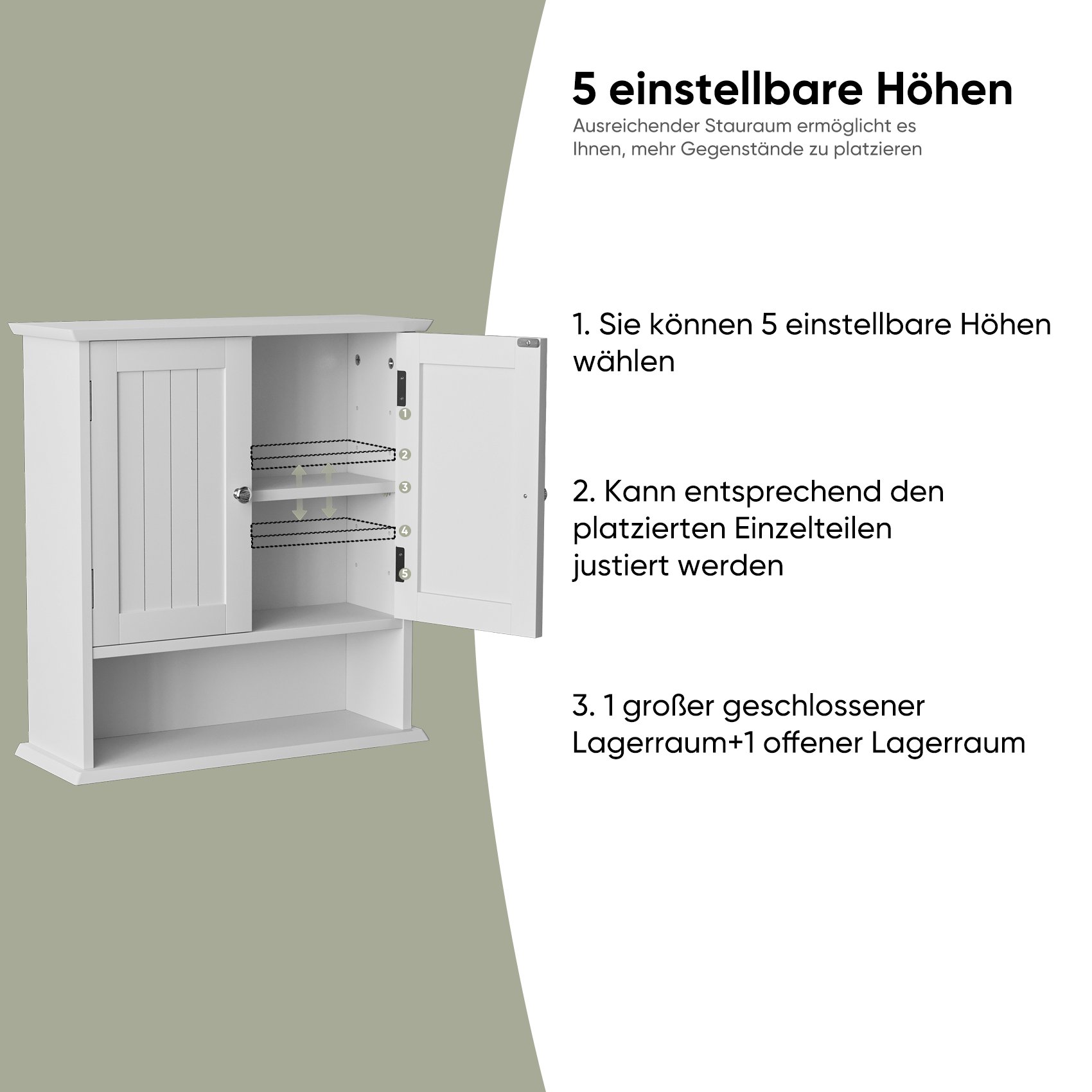Bathroom Cabinet, Wall Mounted with Double Doors & Adjustable Shelves, White