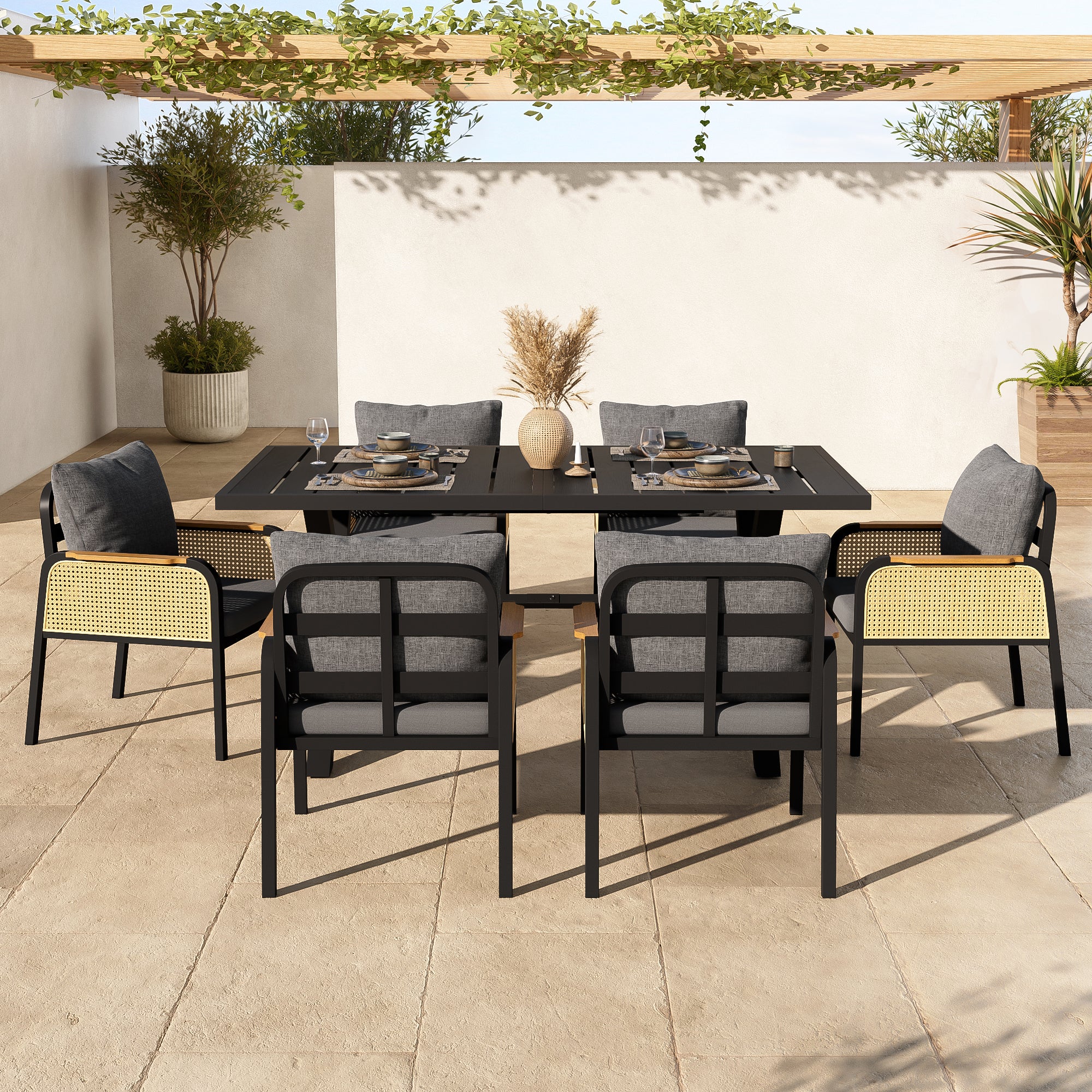 Modern Outdoor Sofa Set with Woven Armrests and Seat Cushions, Iron Frame