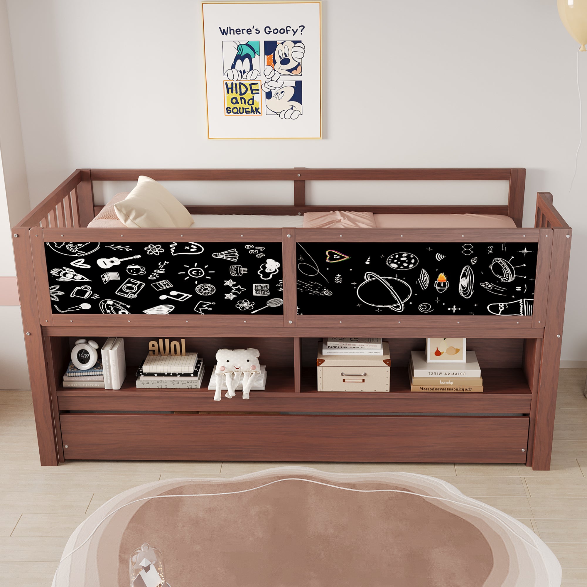 Children's House Bunk Bed Extendable, Chalkboard & Climbing Ladder, Solid Wood, Brown