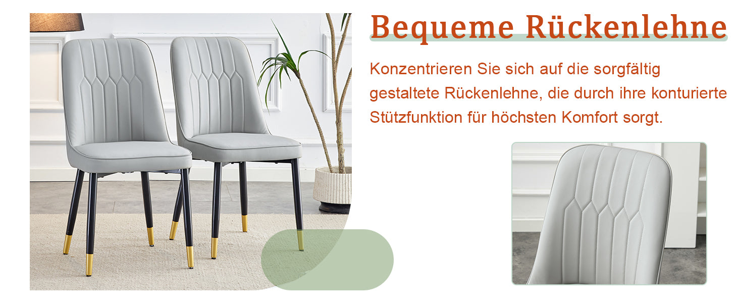 2-Piece Dining Chair, Modern with PU Leather Back Cushion & Black Metal Legs, Light Grey